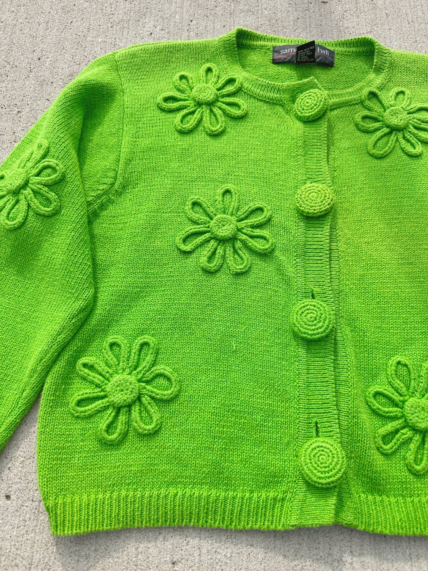 Vintage 1990s Green 3D Floral Knit Cardigan