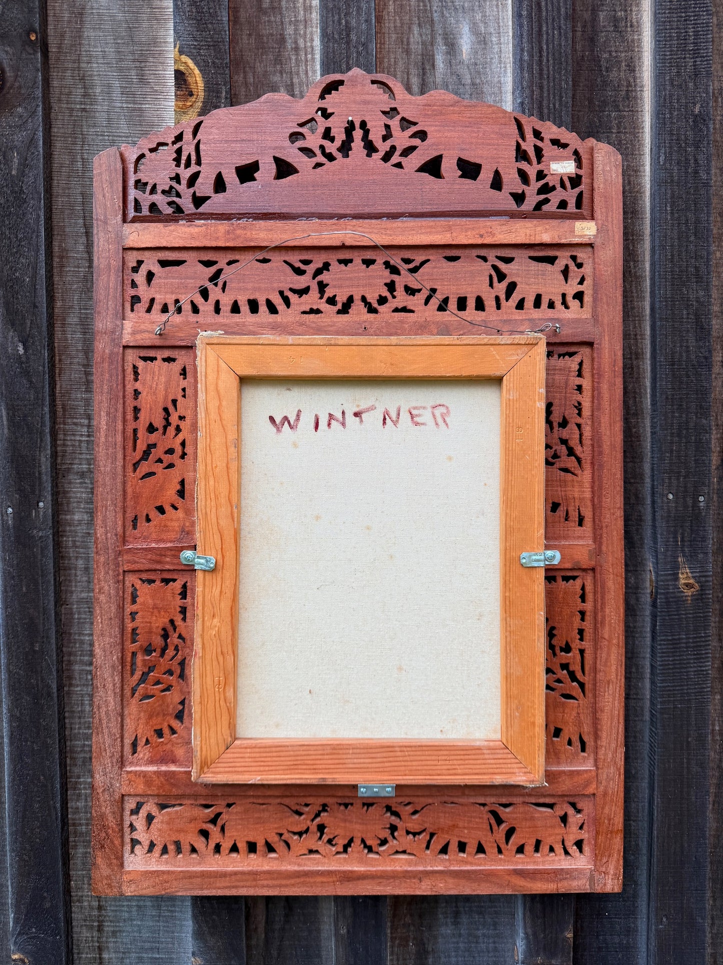 Vintage 1940s Carved Teakwood Elephant Frame "Village Girl" Oil on Canvas Painting