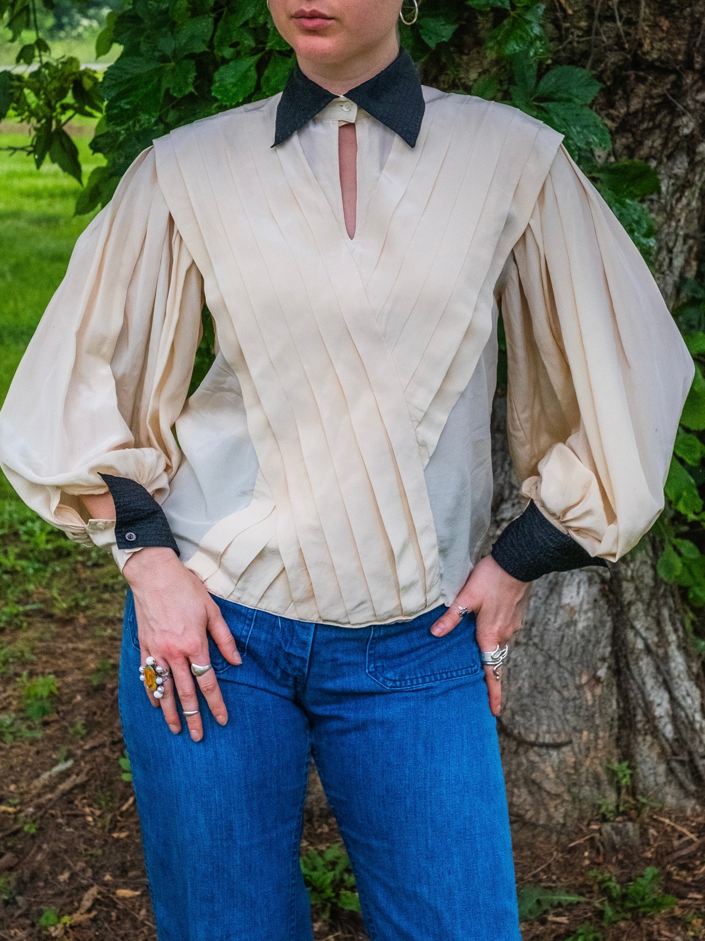 Vintage 1980s Brett Lauren 100% Silk Cream & Black Pleated Blouse | Small