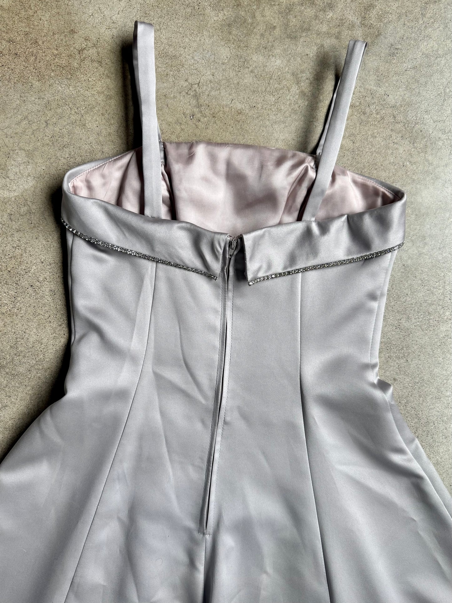 Vintage 1990s Dave & Johnny Silver Rhinestone Trim Formal Dress w/ Scarf | Small