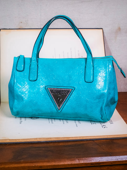 2000s Guess Turquoise Embossed Monogram Leather Top Handle Bag