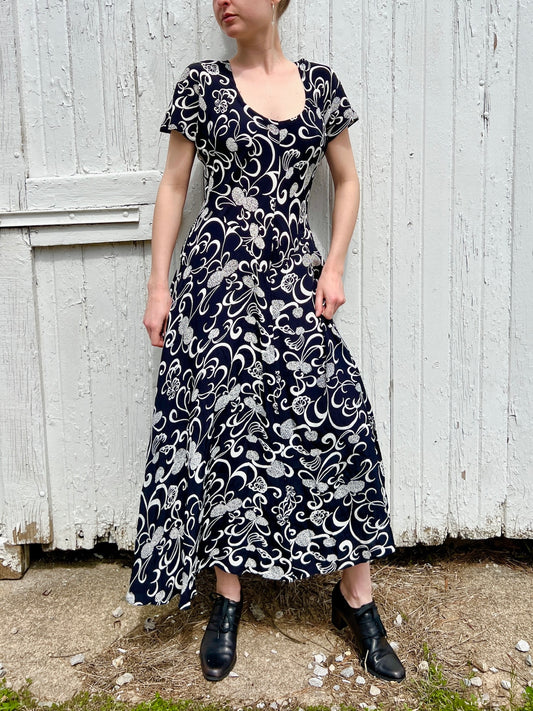 Vintage 1990s Black & White Pattern Short Sleeve Midi Dress | Medium