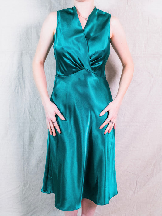Vintage 1990s Helene Blake Emerald Green Satin Party Dress | Small