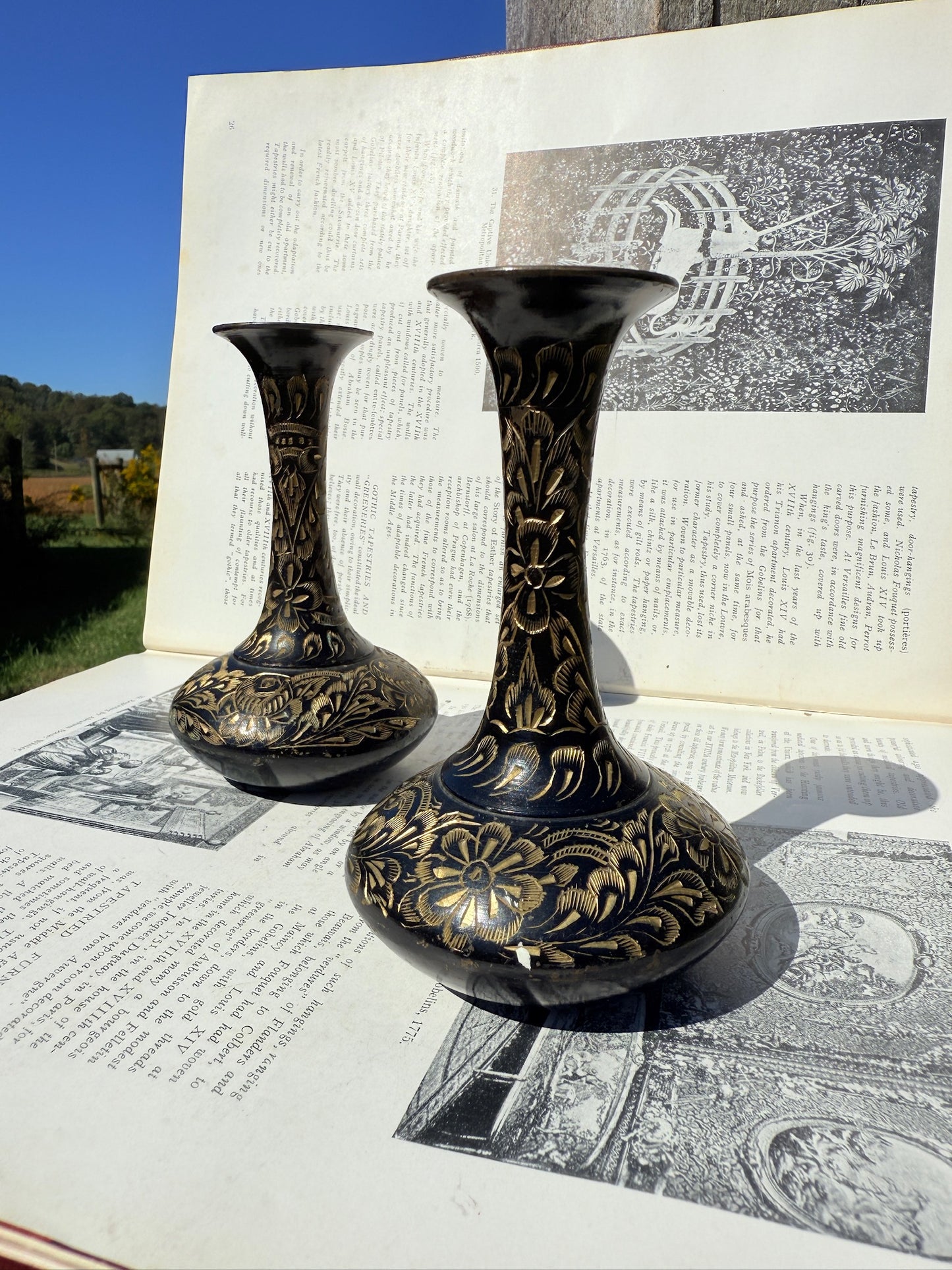 Vintage 1940s Solid Brass Etched Bud Vases | Set of 2