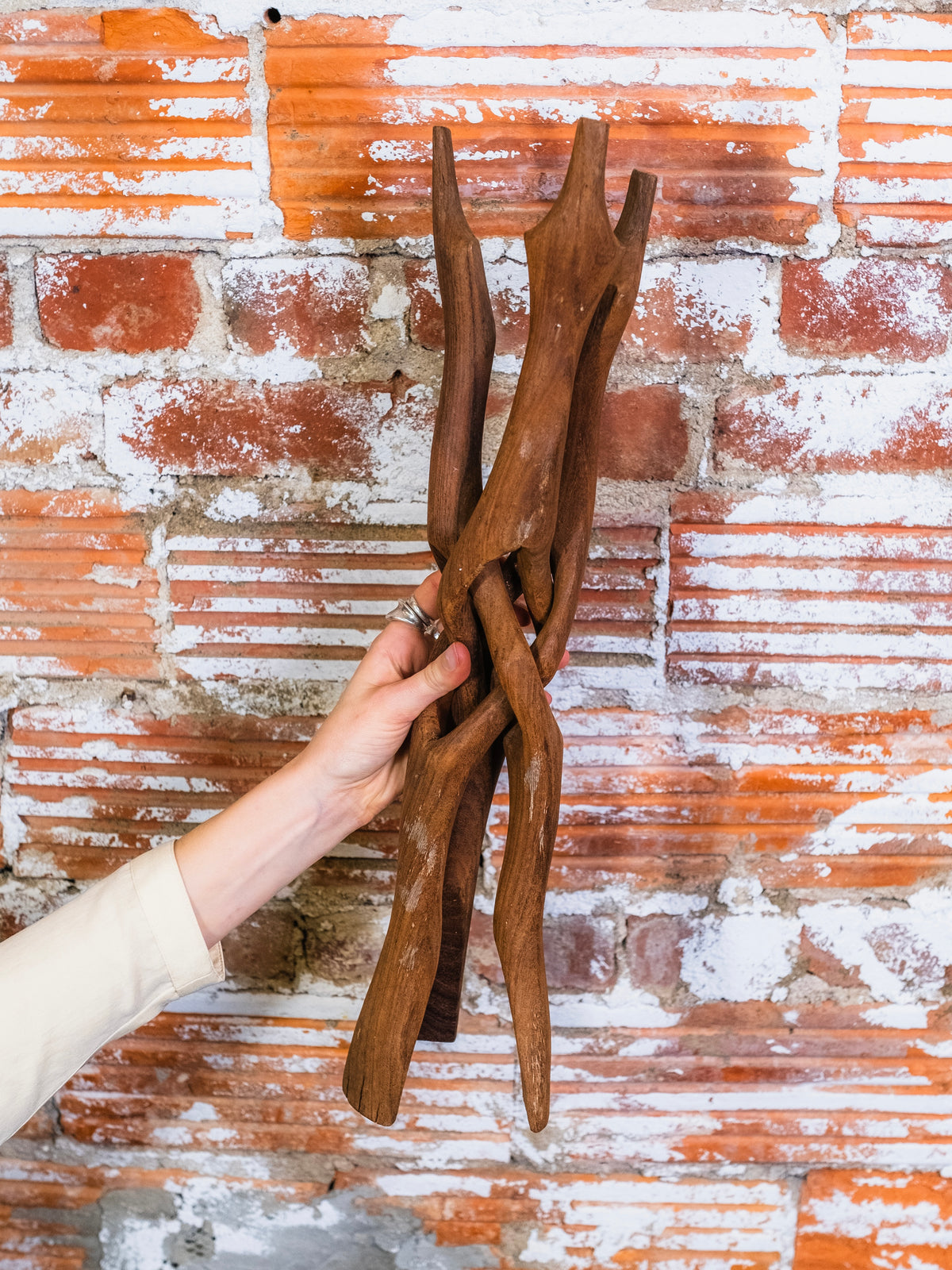 Vintage Hand-Carved Wood Interlocking Tripod Display Stand