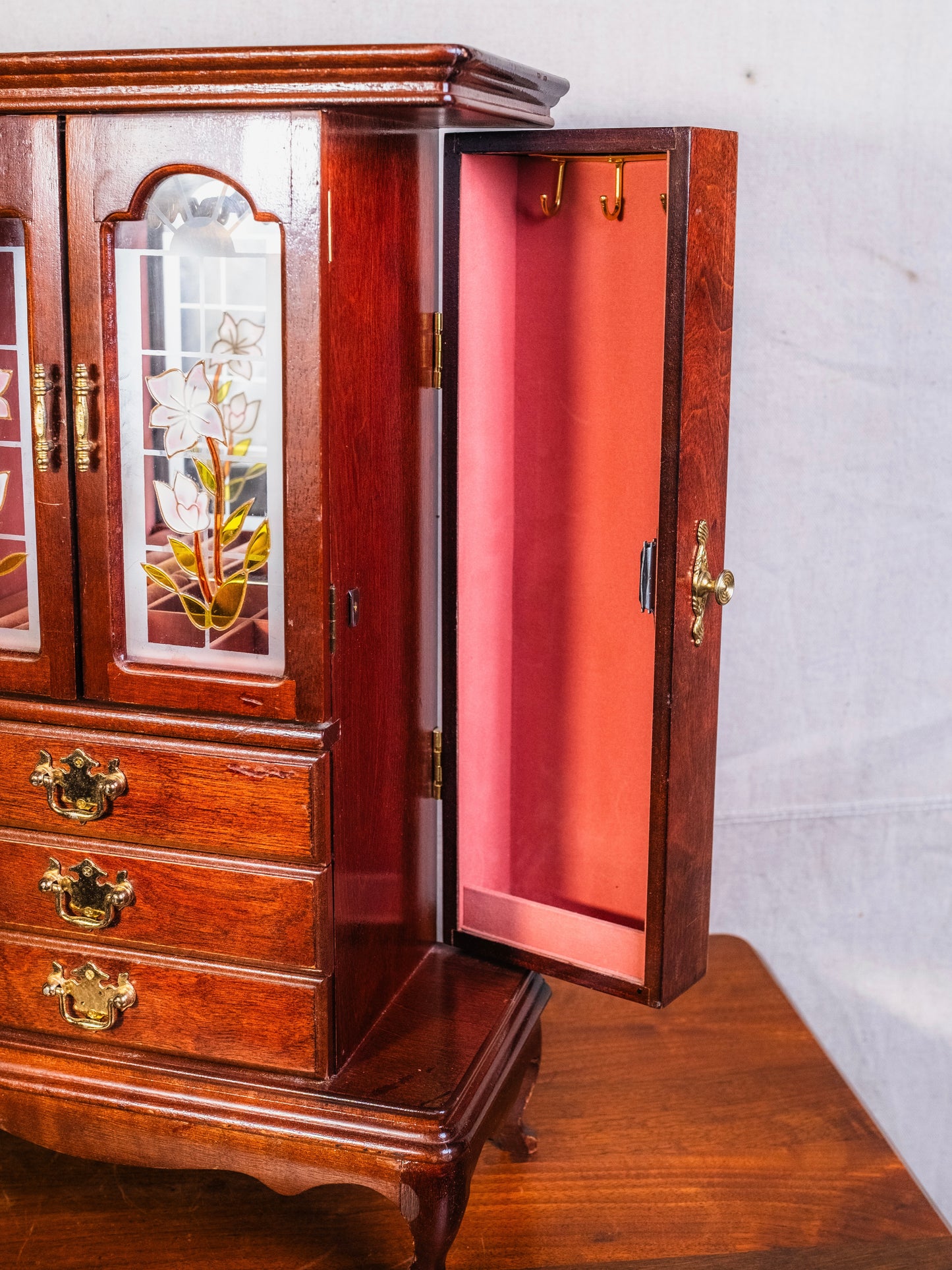 Vintage Floral Glass Door Wooden Jewelry Armoire