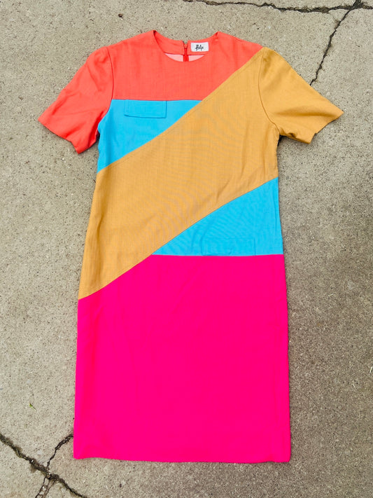 Vintage 1980s Helga Color Block Short Sleeve Shift Dress | Medium