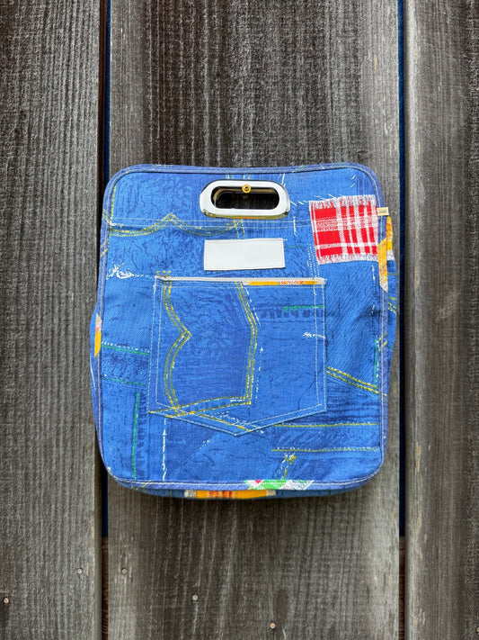 Vintage 1970s Printed Denim Top Handle Tote Bag