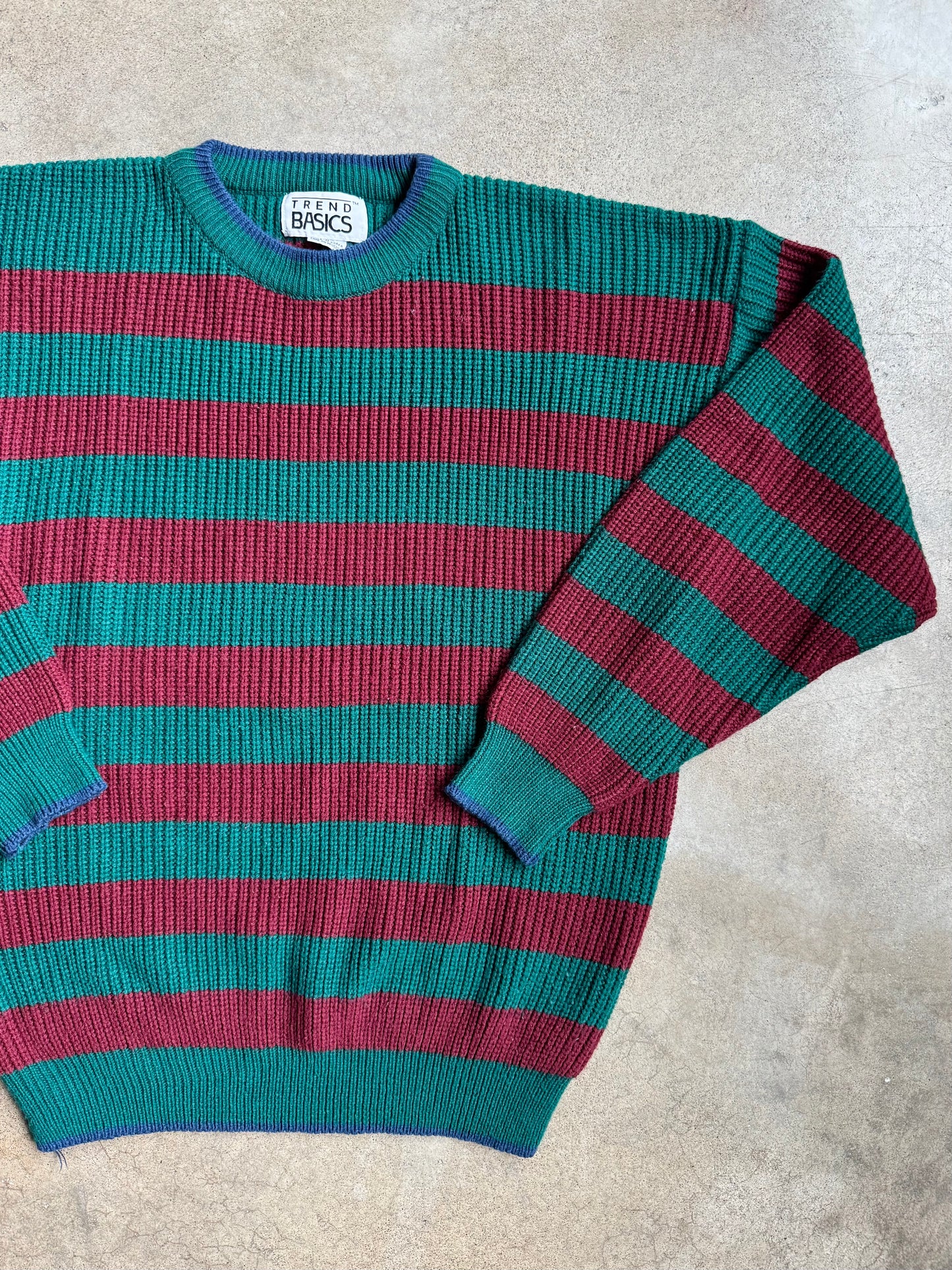 Vintage 1980s Trend Basics Burgundy & Green Striped Crewneck Sweater | XL