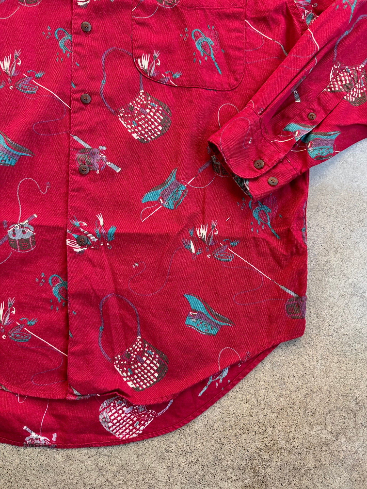 Vintage 1990s GAP Red Fishing Print Cotton Button-Down Shirt | Medium