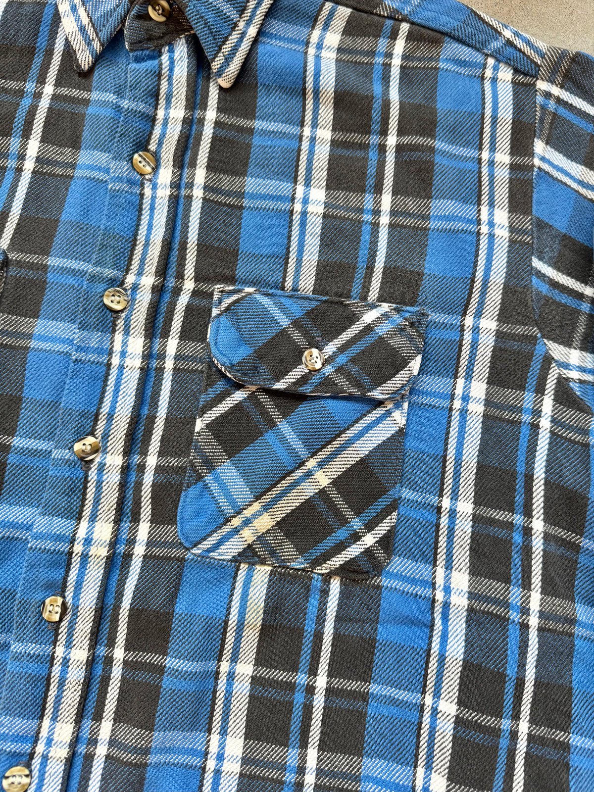 Vintage 1990s Five Brother Distressed Blue Plaid Cotton Flannel Shirt | Large