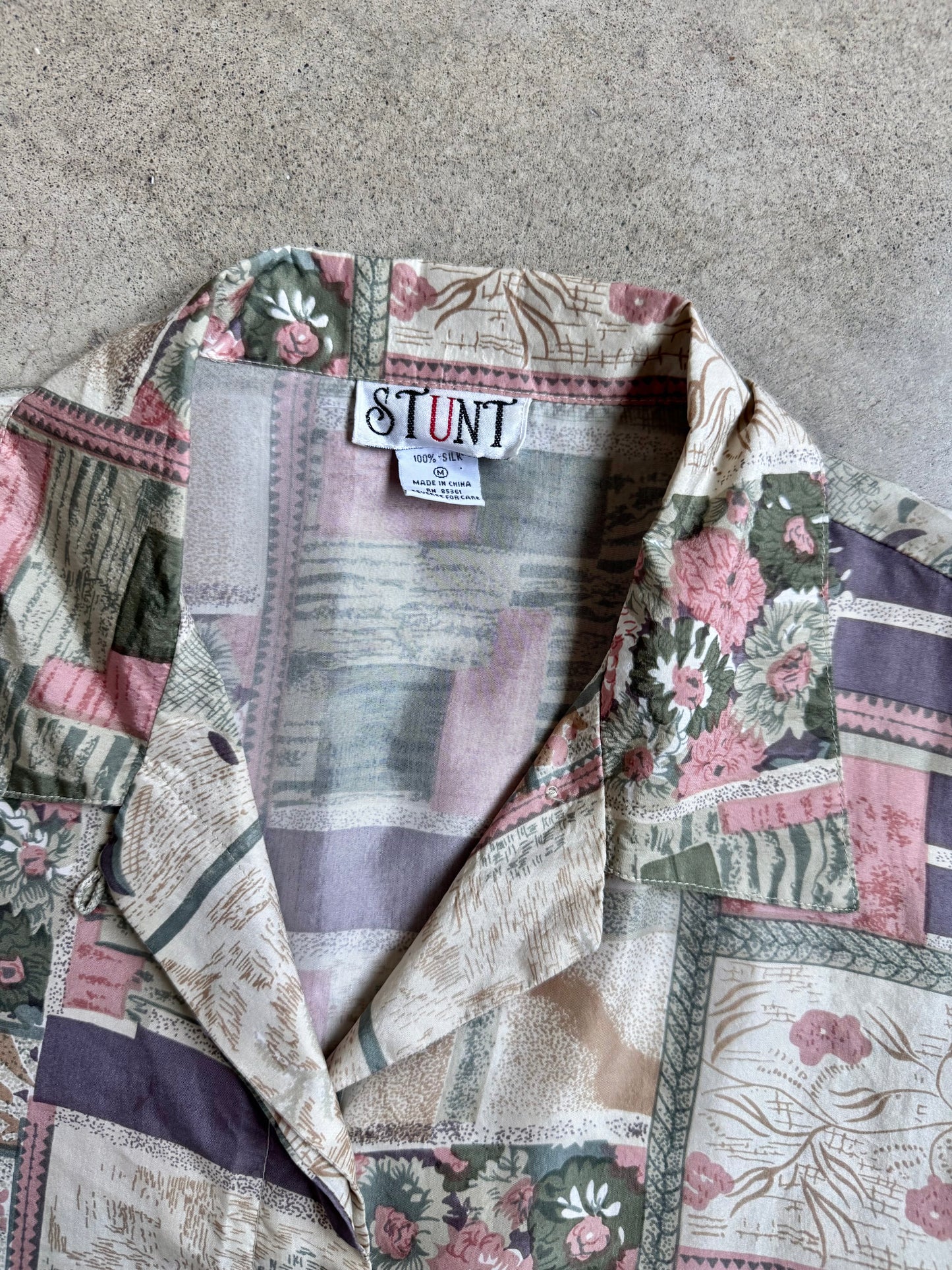 Vintage 1980s Stunt Floral Patchwork Printed Silk Blouse | Medium