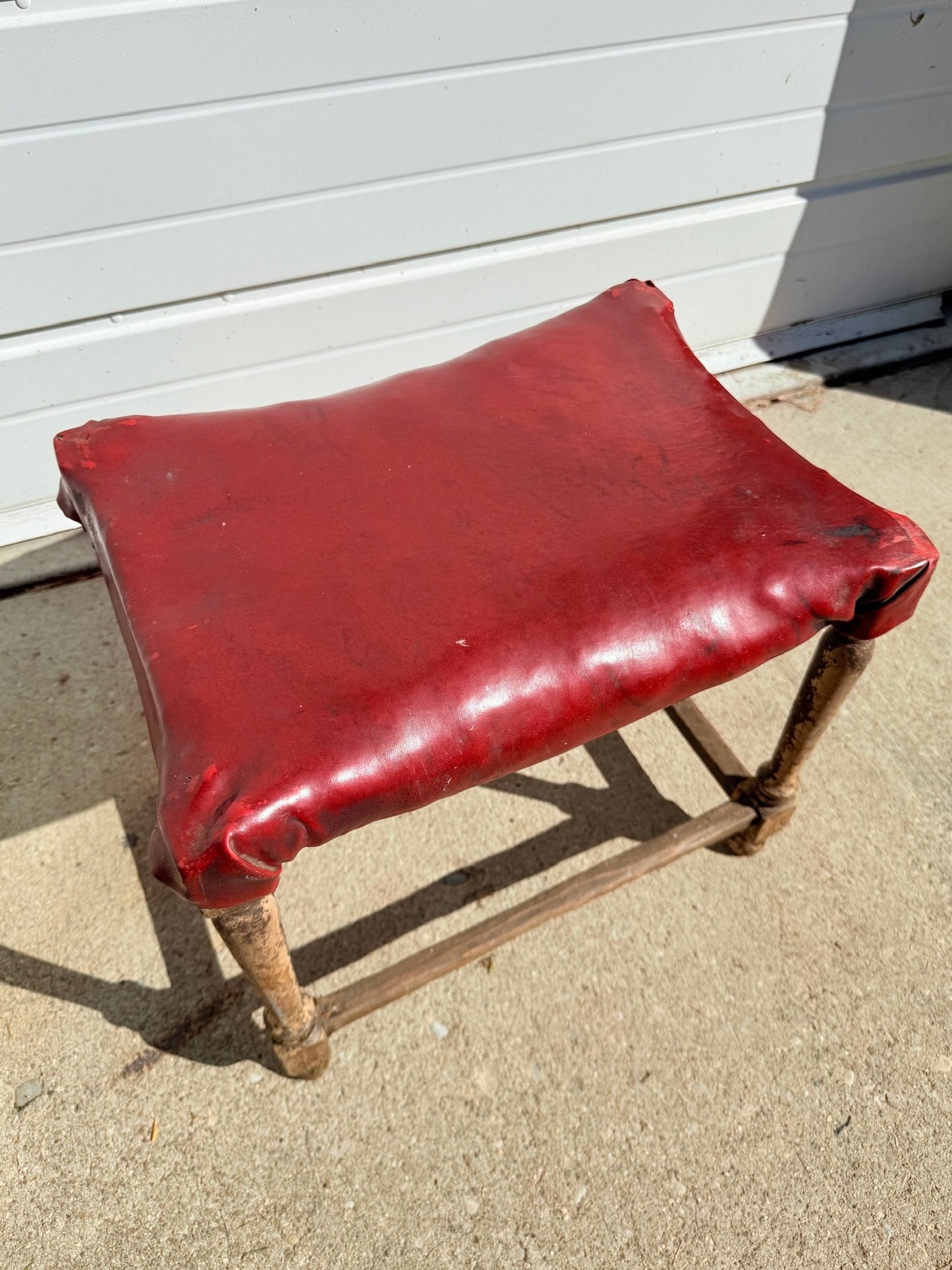 Antique French-Style Rustic Turned Leg Upholstered Footstool