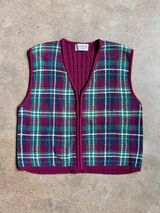 Vintage 1980s Jantzen Plaid Knit Zip-Up Sweater Vest | XL