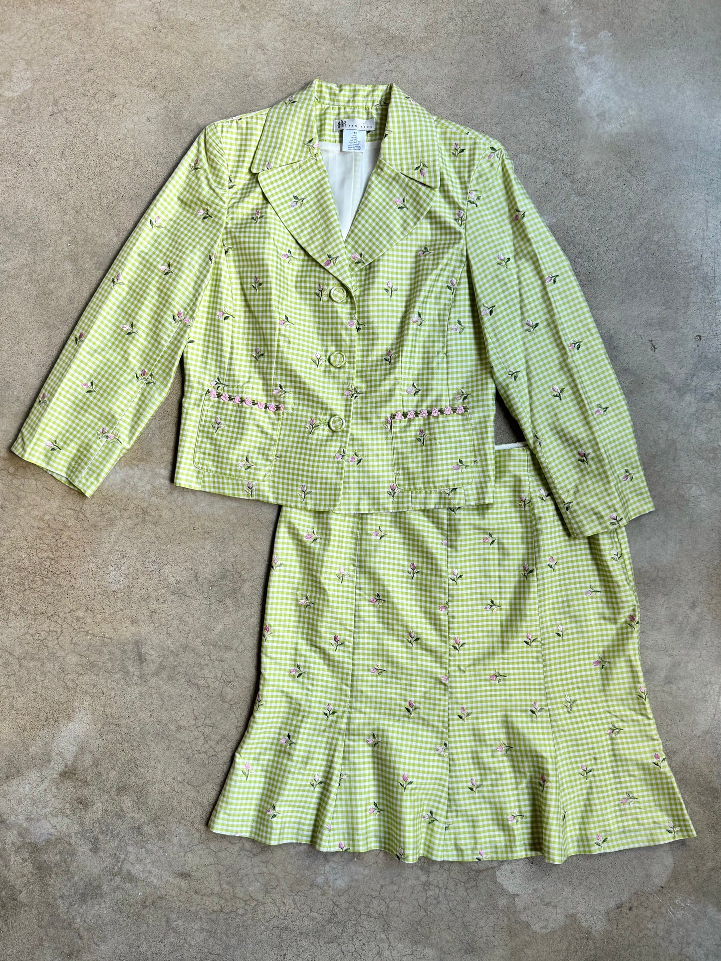 Vintage 1990s ABR New York Green Gingham Floral Embroidered Silk Skirt Suit | M/L