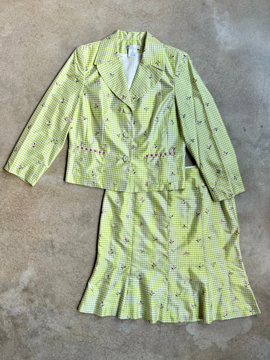 Vintage 1990s ABR New York Green Gingham Floral Embroidered Silk Skirt Suit | M/L