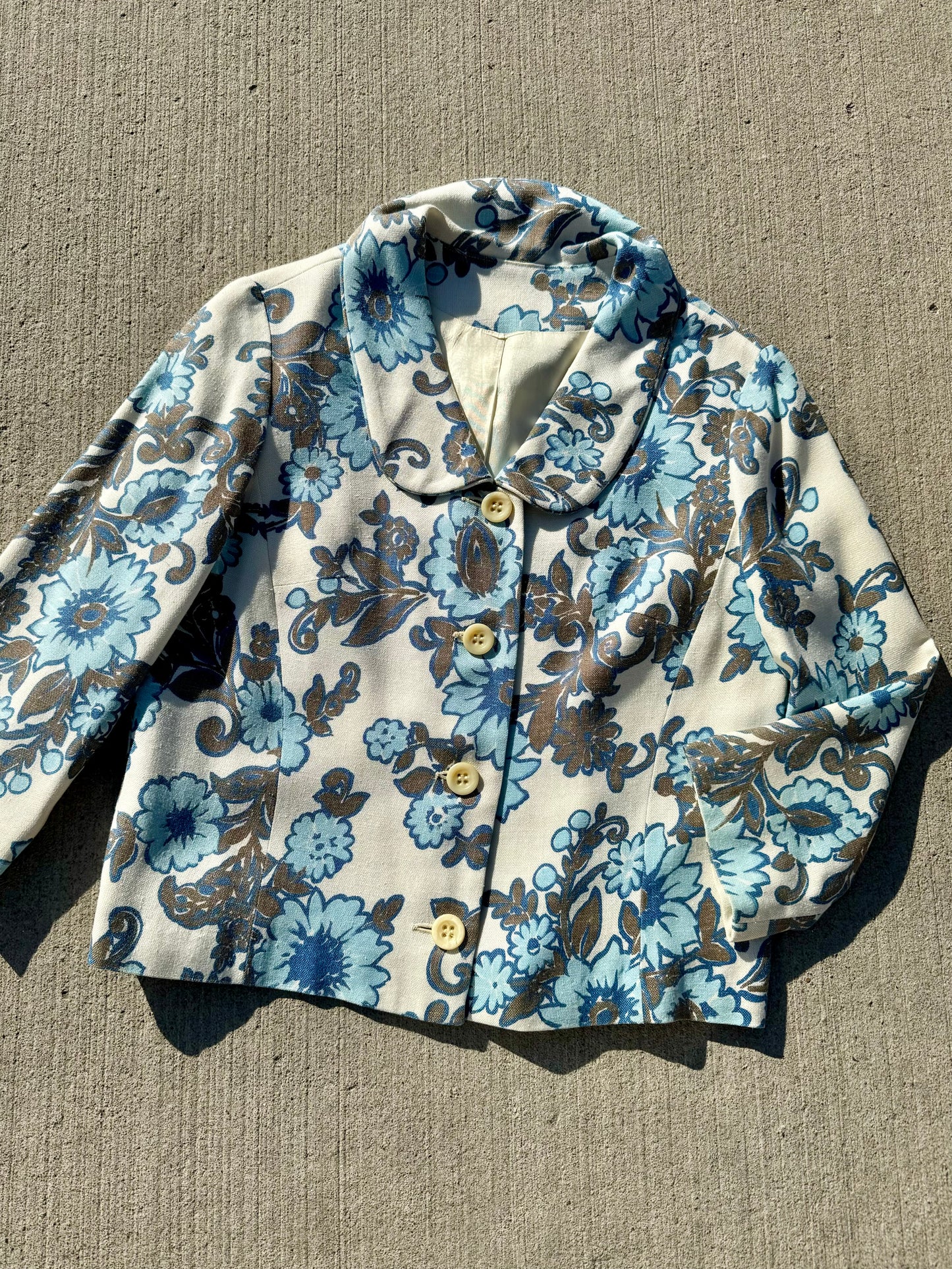 Vintage 1960s Blue Floral Buttoned Short Jacket | S/M