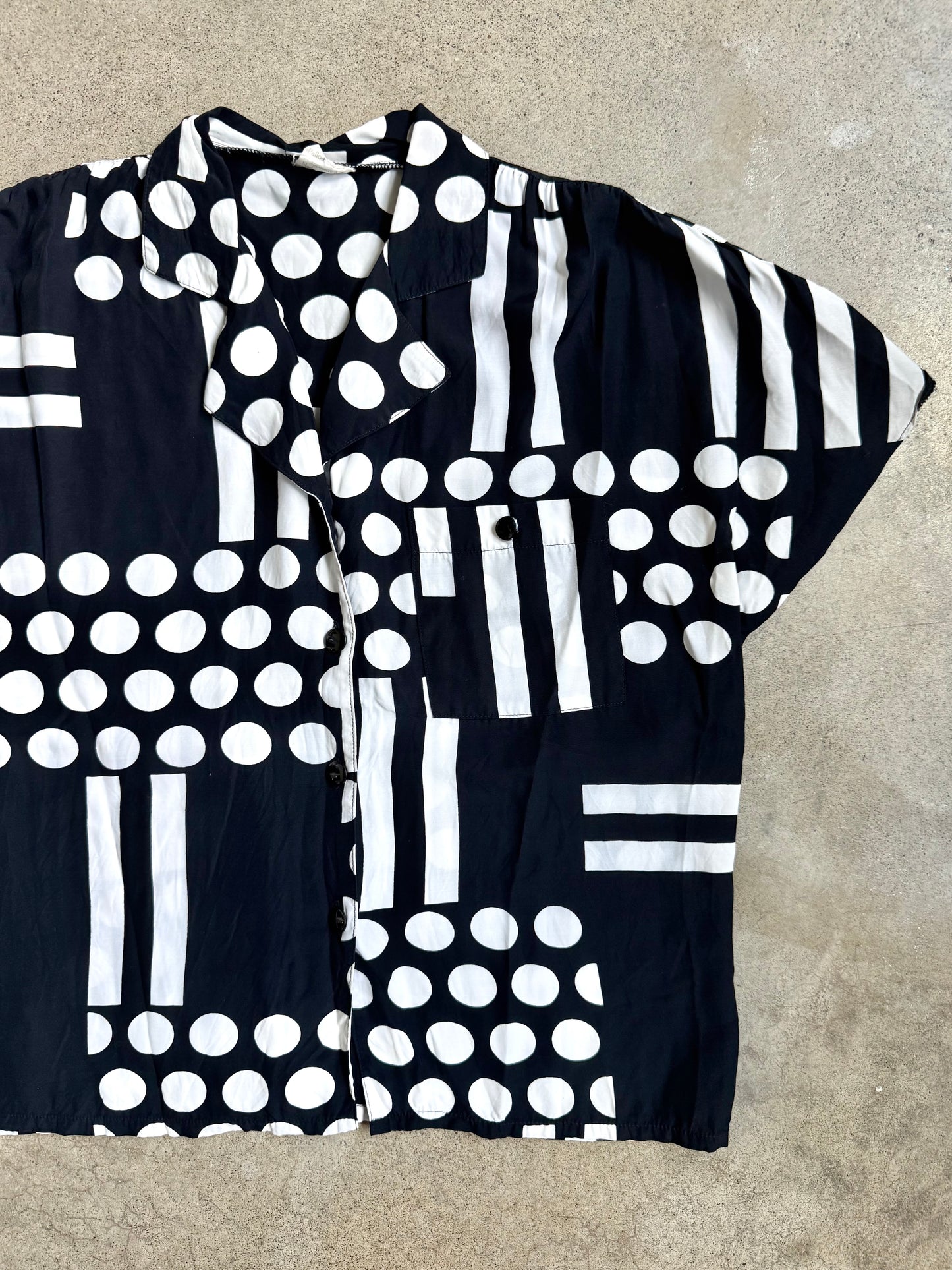 Vintage 1980s Black & White Geometric Polka Dot Blouse | S/M