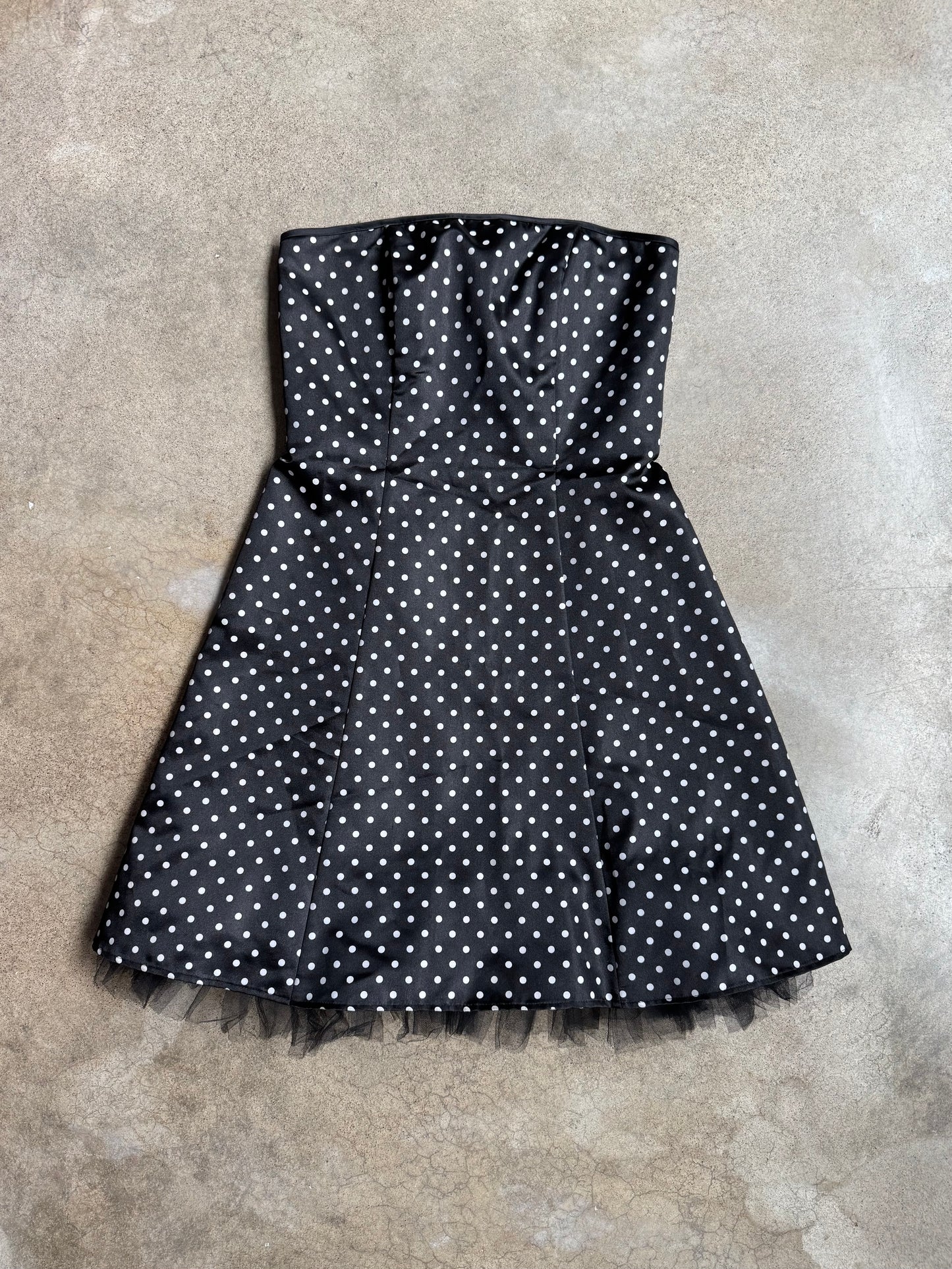 2000s Betsy & Adam Polka Dot Satin Strapless Mini Dress | S/M