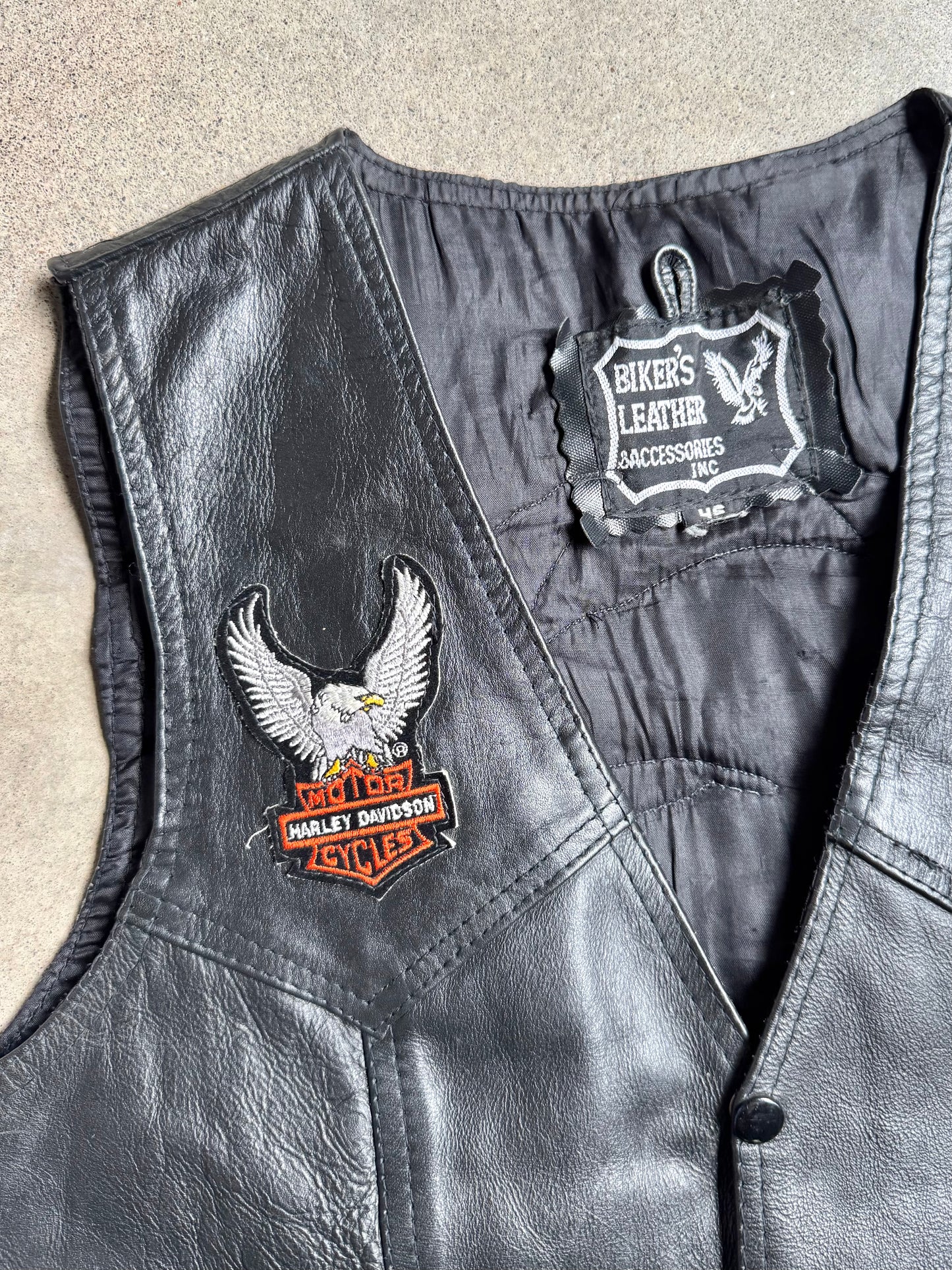 Vintage 1980s Black Leather Harley Davidson Patched Riding Vest | 46