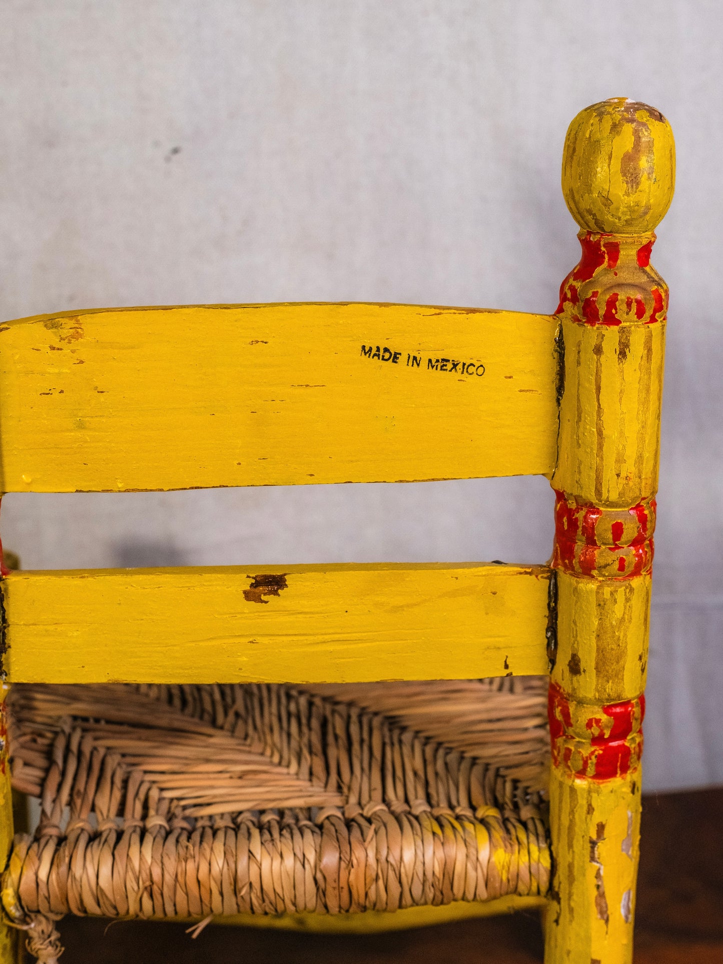 Vintage Mexican Folk Art Yellow Floral Painted Straw Woven Children's Chair