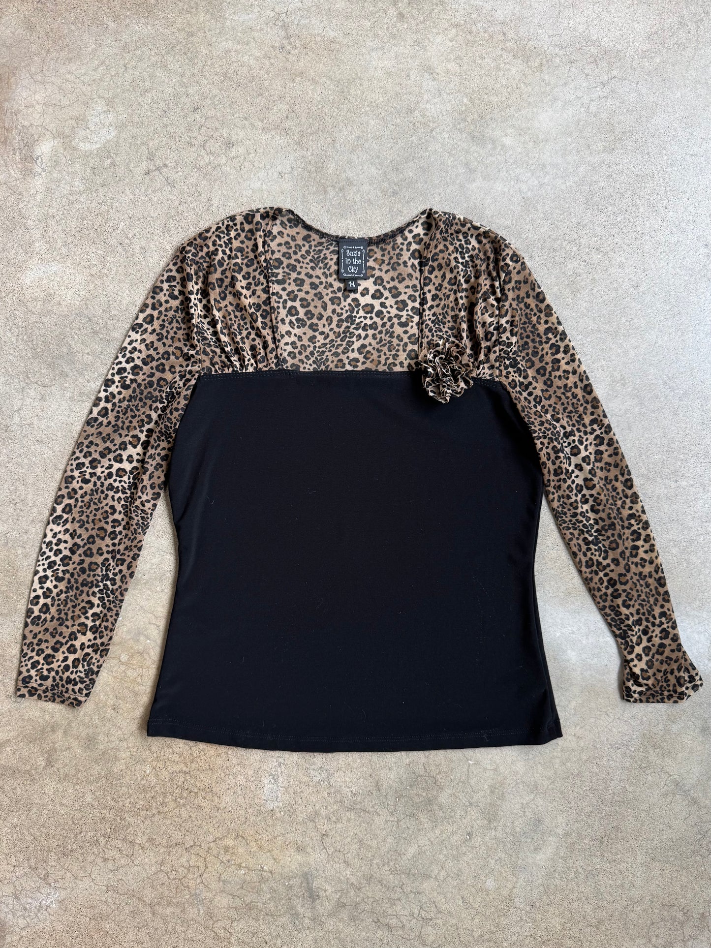 Vintage 1990s Suzie in the City Cheetah Print Mesh Sleeve Blouse | Medium