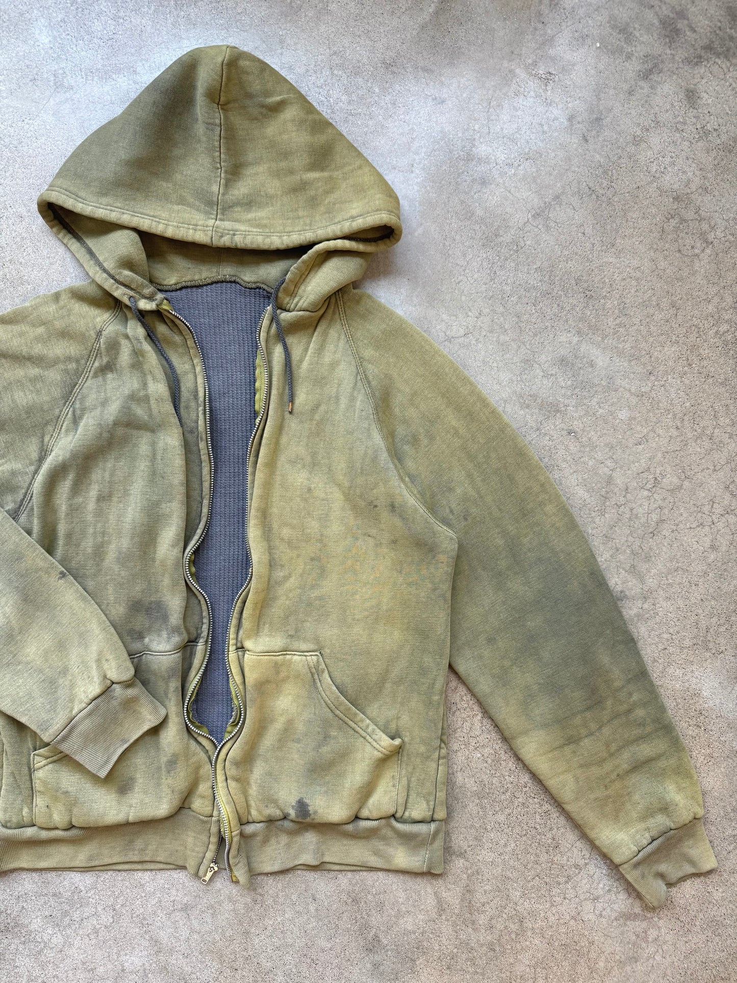 Vintage 1960s Distressed Green Thermal Lined Hooded Zip-Up Sweatshirt | Medium