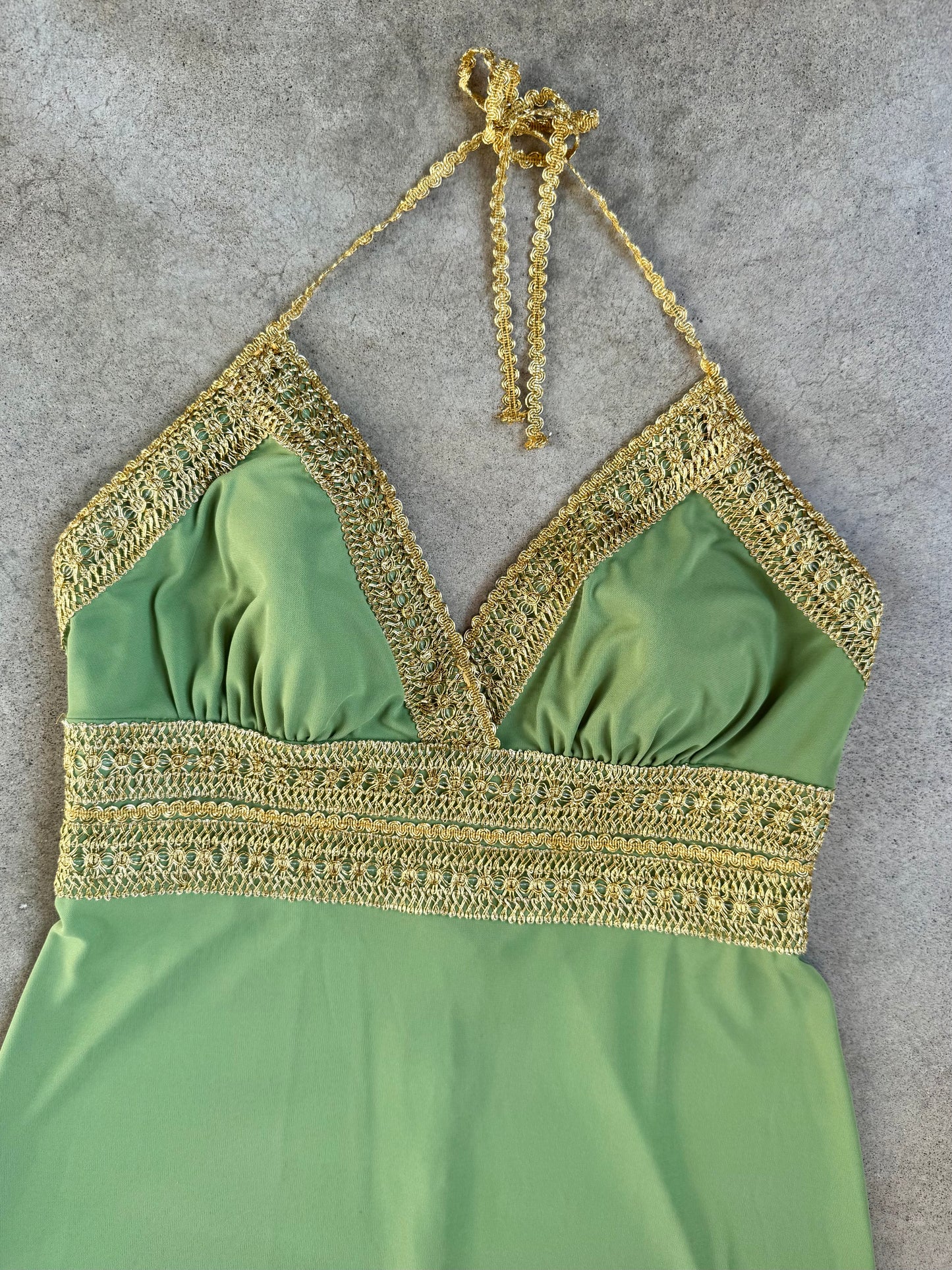 Vintage 1990s Betsy & Adam Green & Gold Trim Formal Full-Length Halter Dress | XL