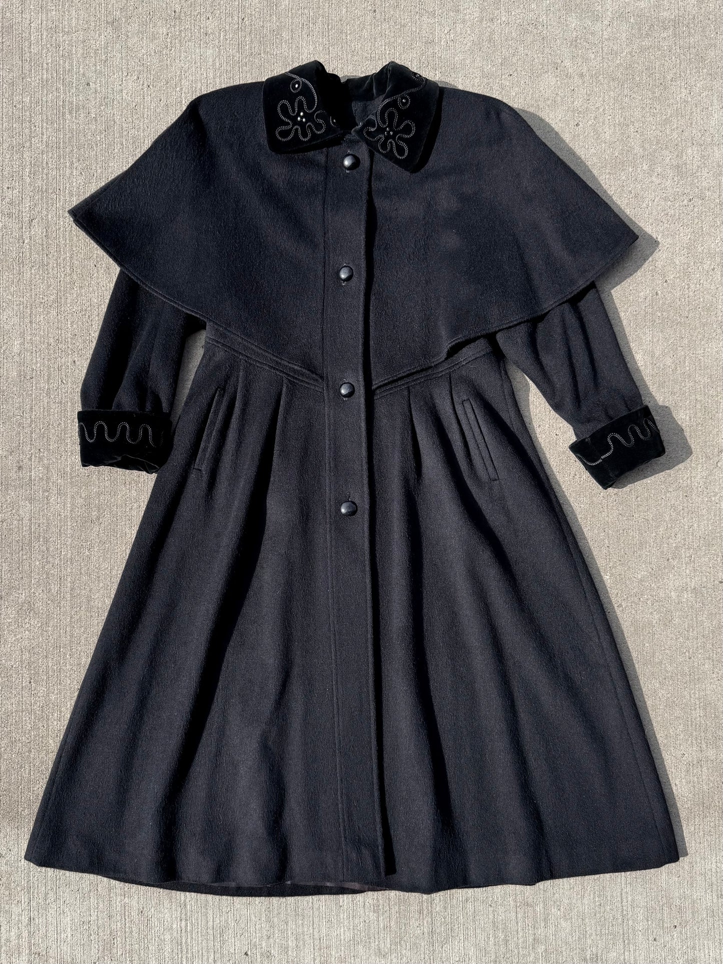 Vintage 1980s Forstmann Black Wool Edwardian-Style Overcoat | Medium