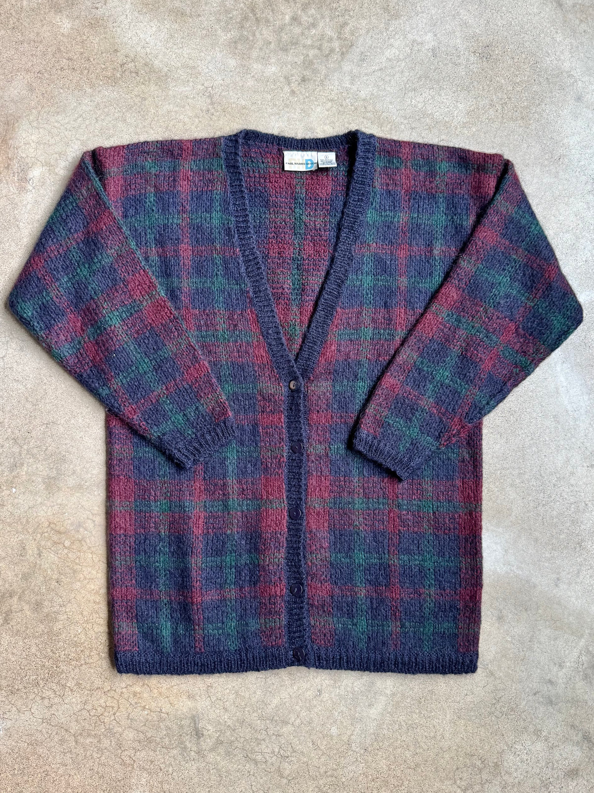 Vintage 1990s Paul Harris Design Dark Plaid Mohair-Blend Knit Cardigan | Small