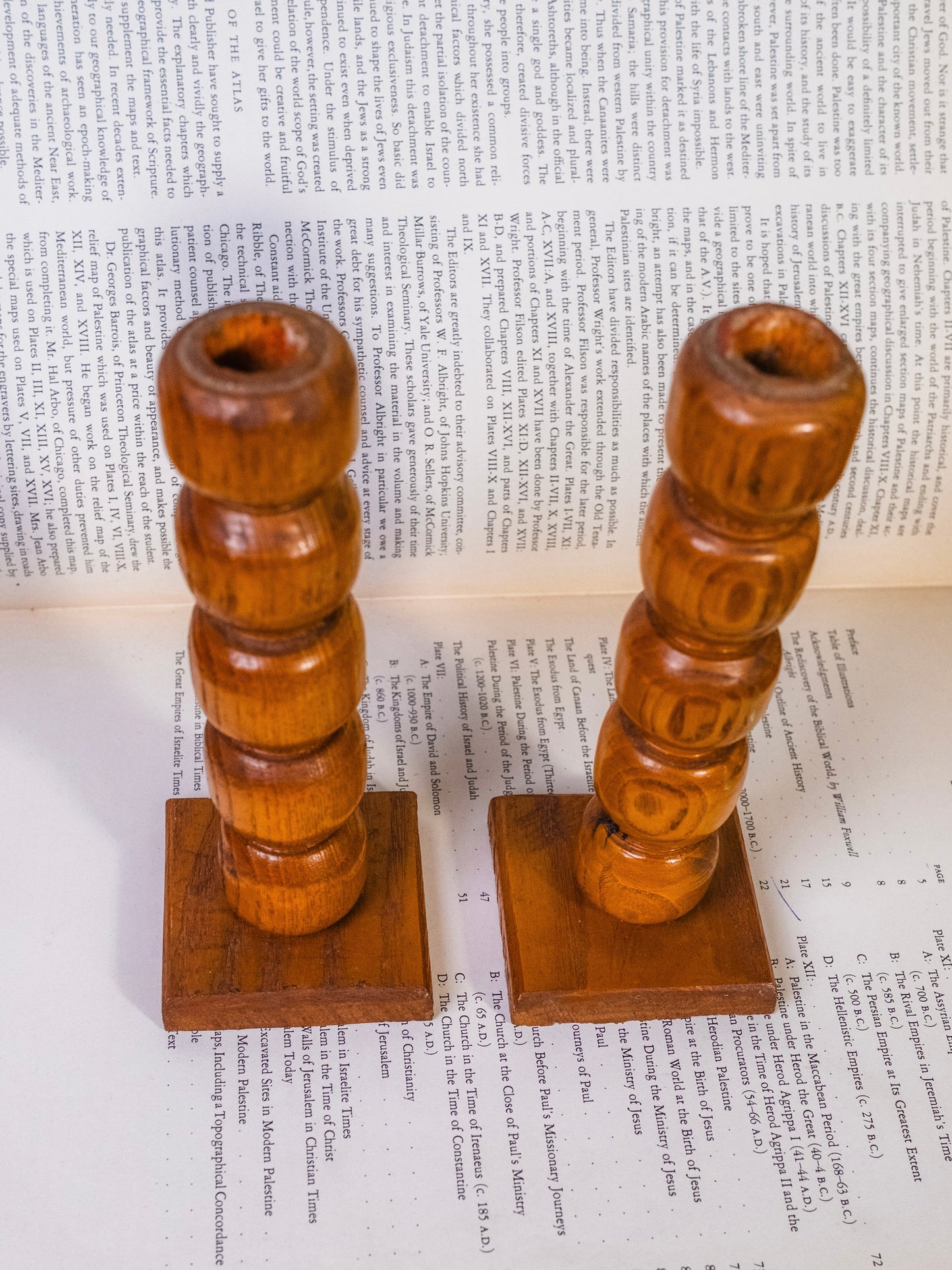 Vintage Hand-Turned Wood Totem Candlestick Holders | Set of 2