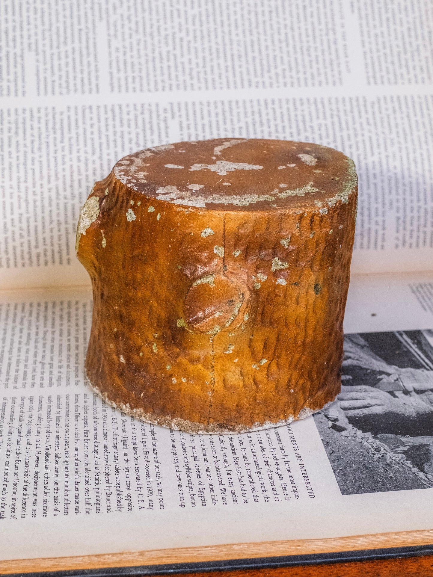 Vintage 1940s Painted Cement Tree Stump Pedestal