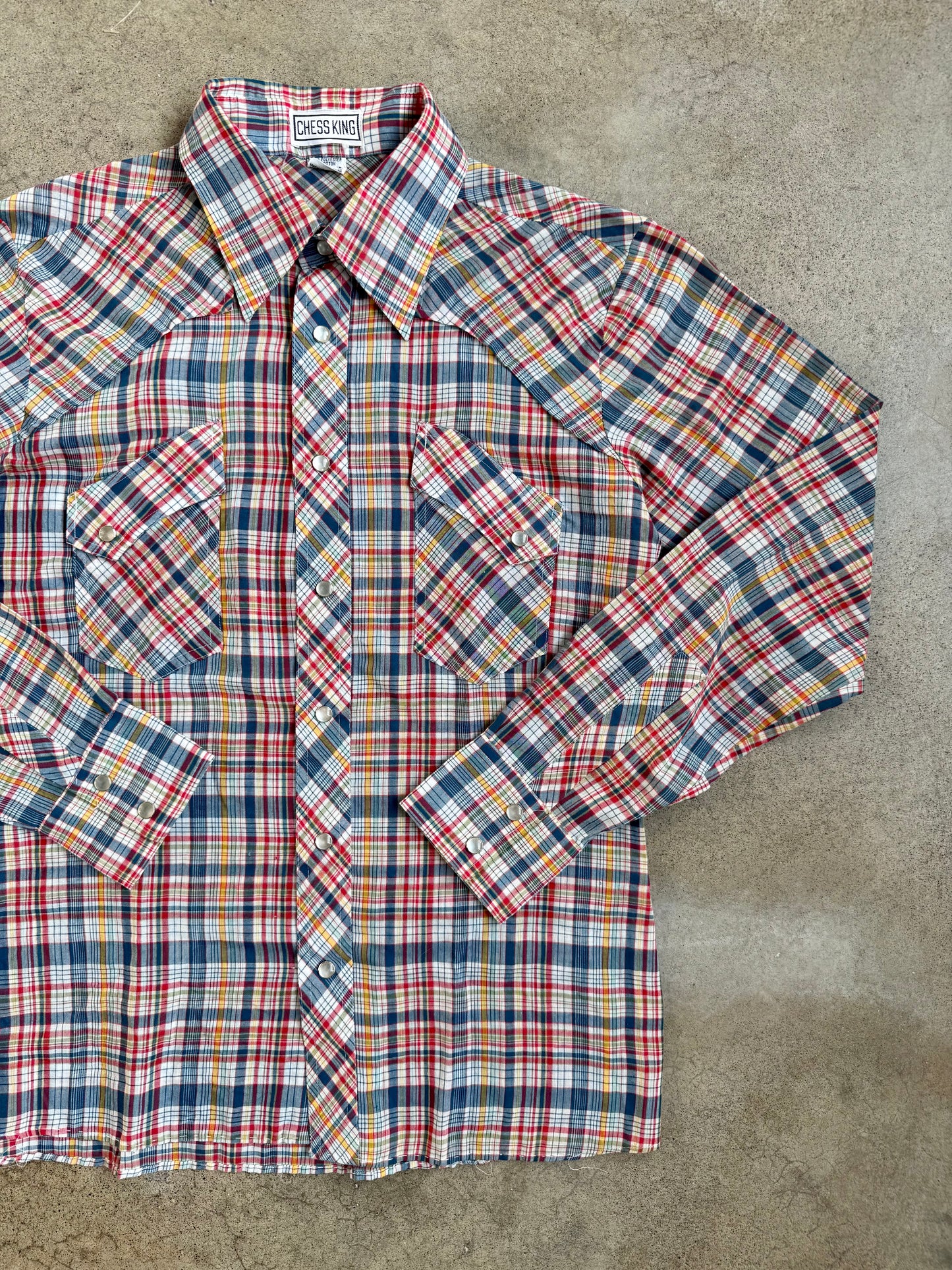 Vintage 1960s Chess King Multi-Color Plaid Western Pearl Snap Shirt | Large