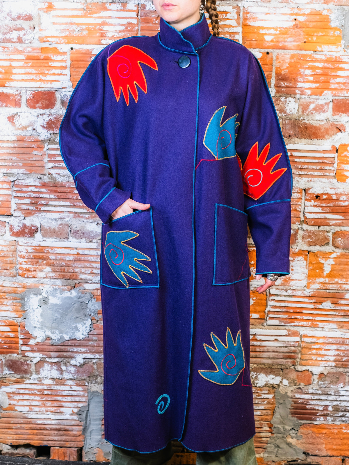 Vintage 1980s Gloria Walsh Purple Felted Wool Whimsical Hand Patch Embroidered Overcoat | L/XL