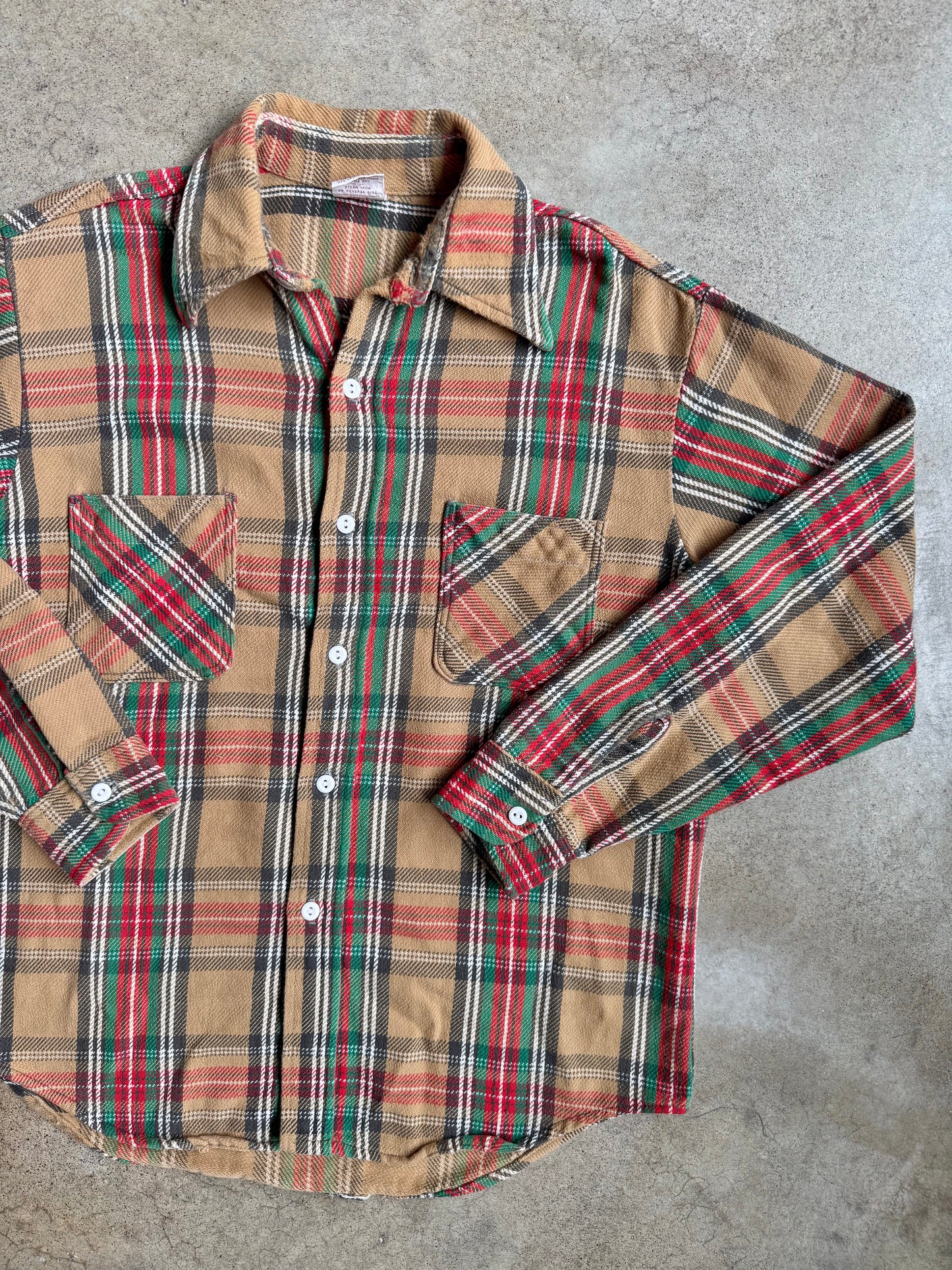 Vintage 1960s Big Mac Tan Plaid Woven Cotton Button-Up Shirt | Medium