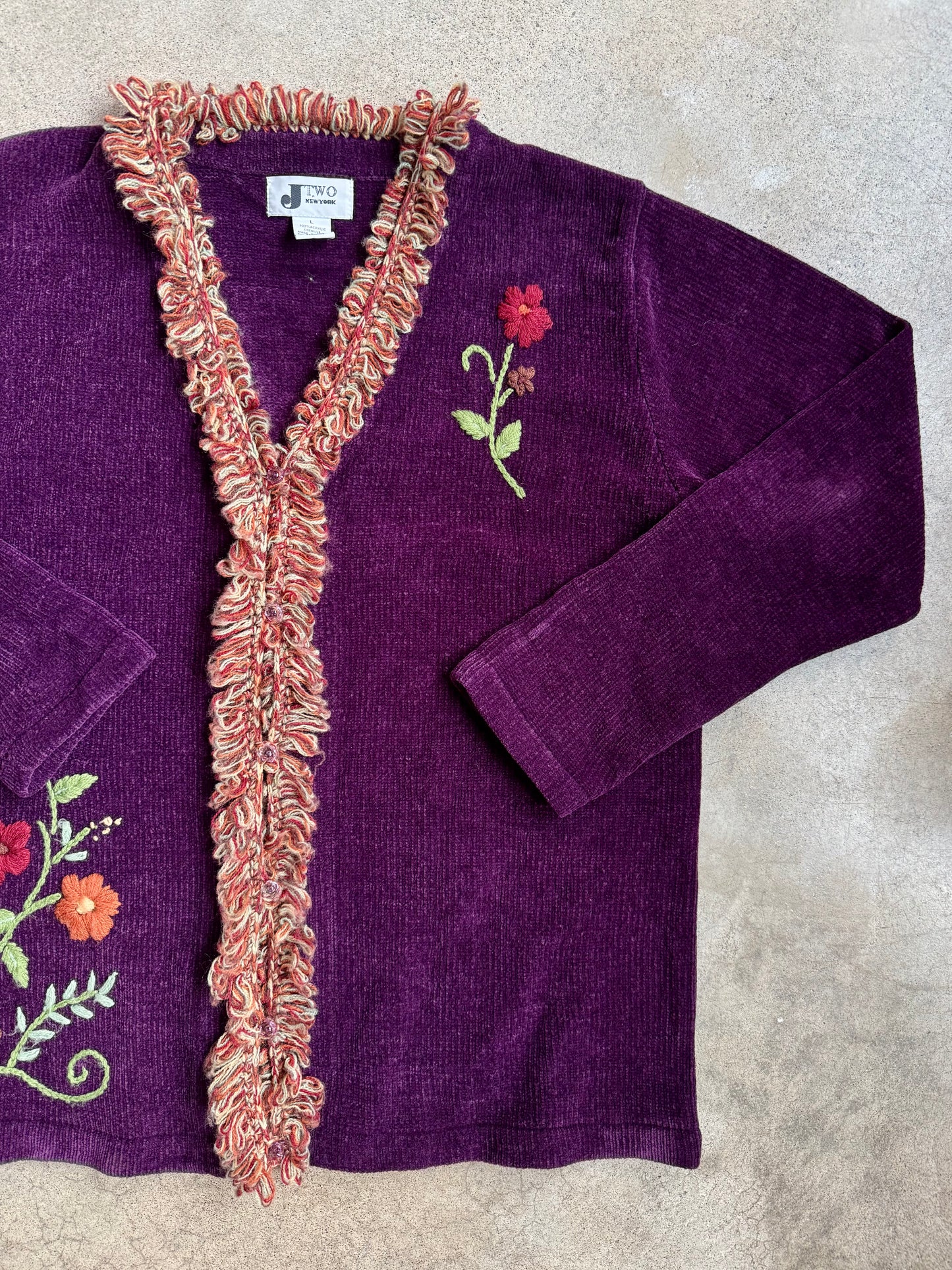 Vintage 1990s J-Two Purple Chenille Knit Floral Embroidered Cardigan | Large