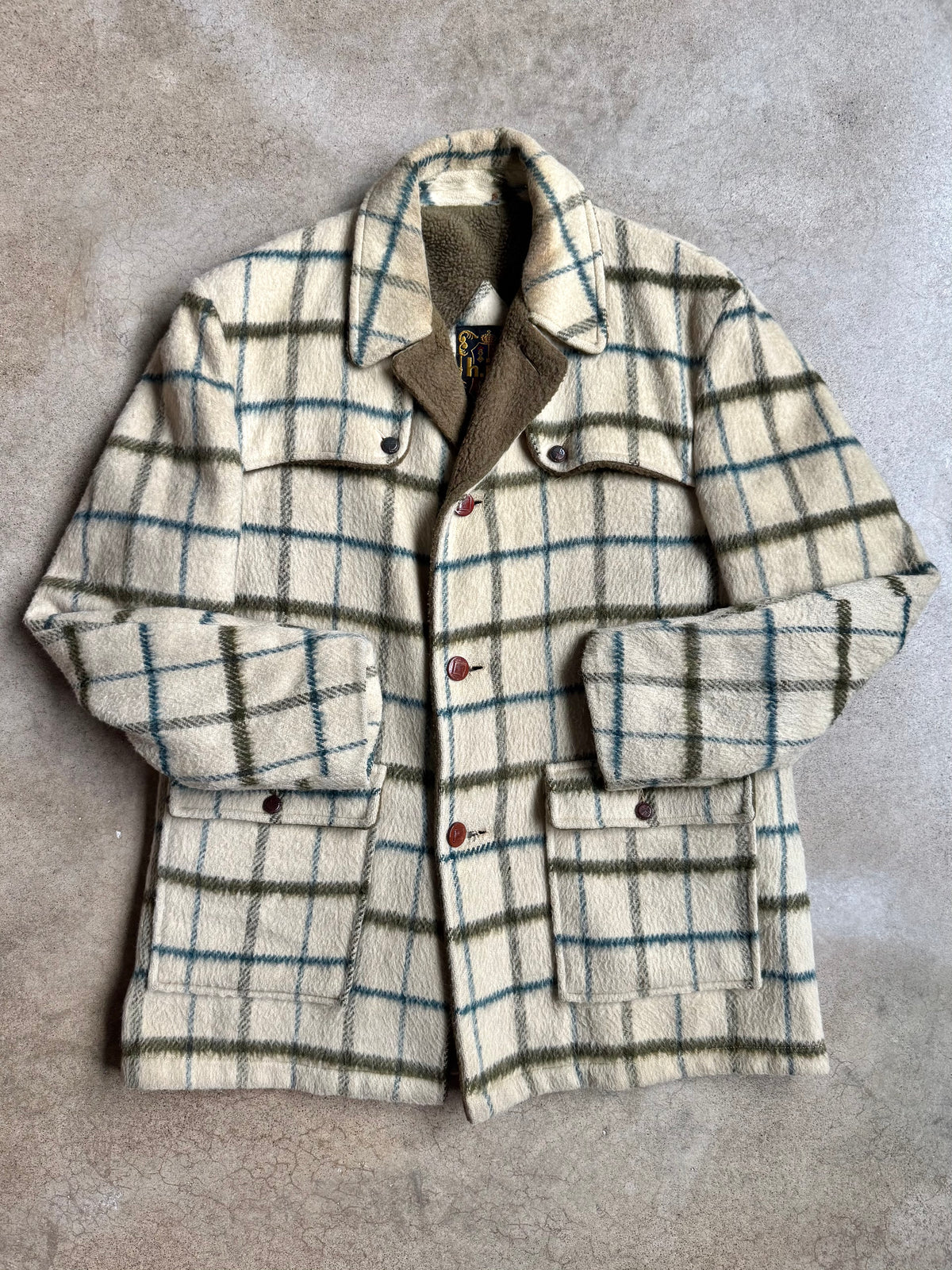 Vintage 1970s H.I.S. Sportswear Faux Fur Lined Plaid Wool Rancher Jacket | Large