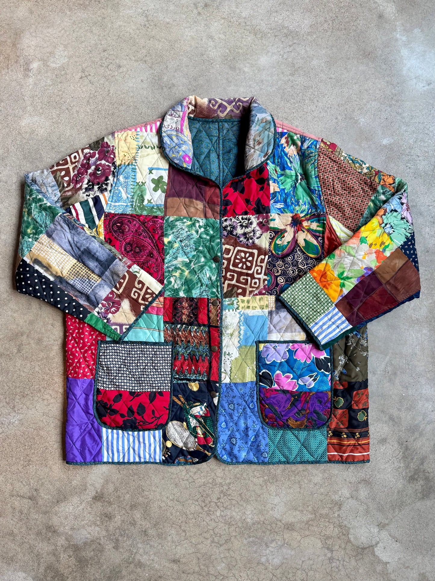 Vintage 1990s 220 Hickory Reversible Quilted Patchwork Silk Jacket | XL