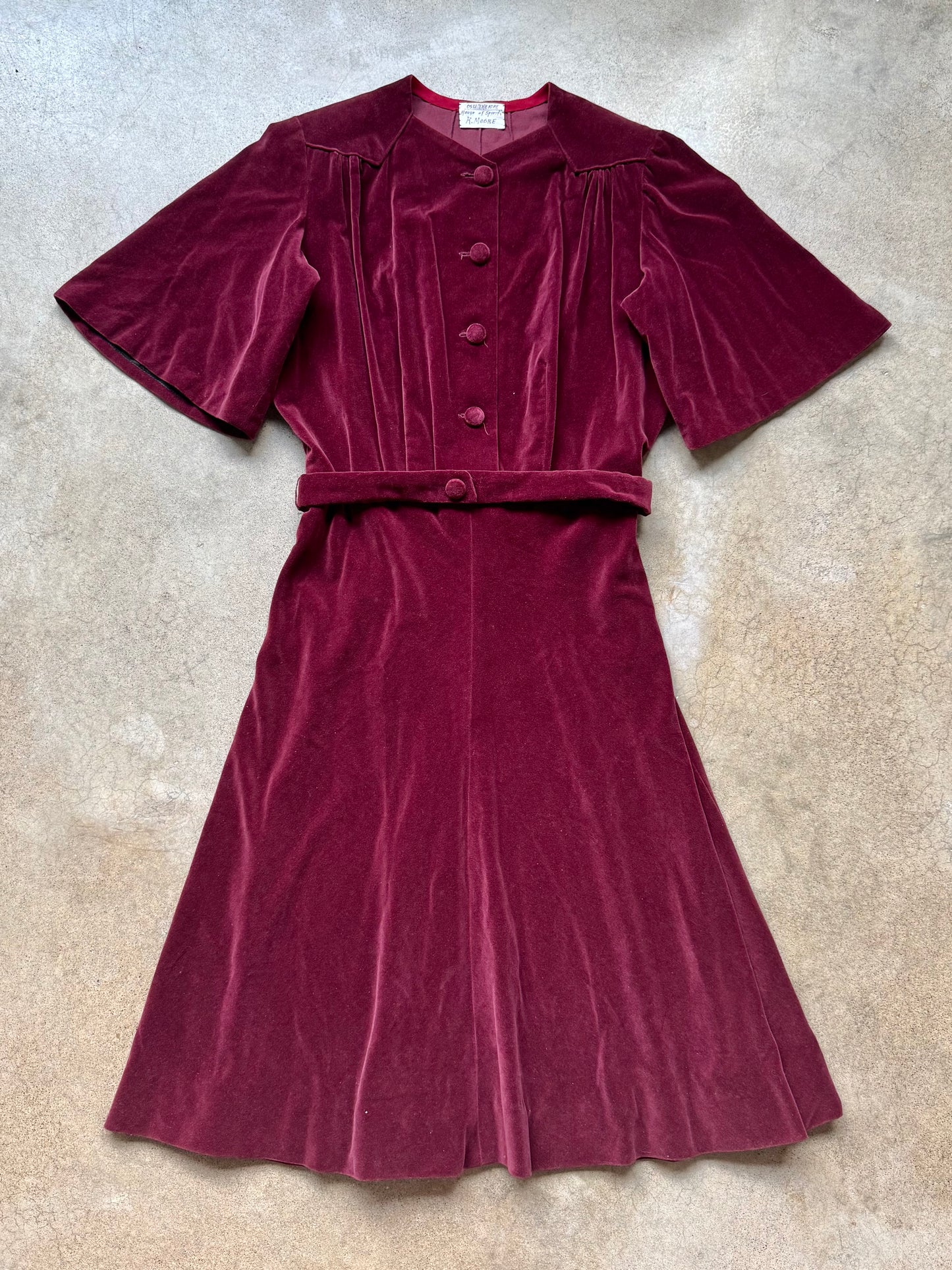 Vintage 1940s Handmade Ohio State Theatre Dept. Burgundy Velvet Belted Button-Front Dress | Medium