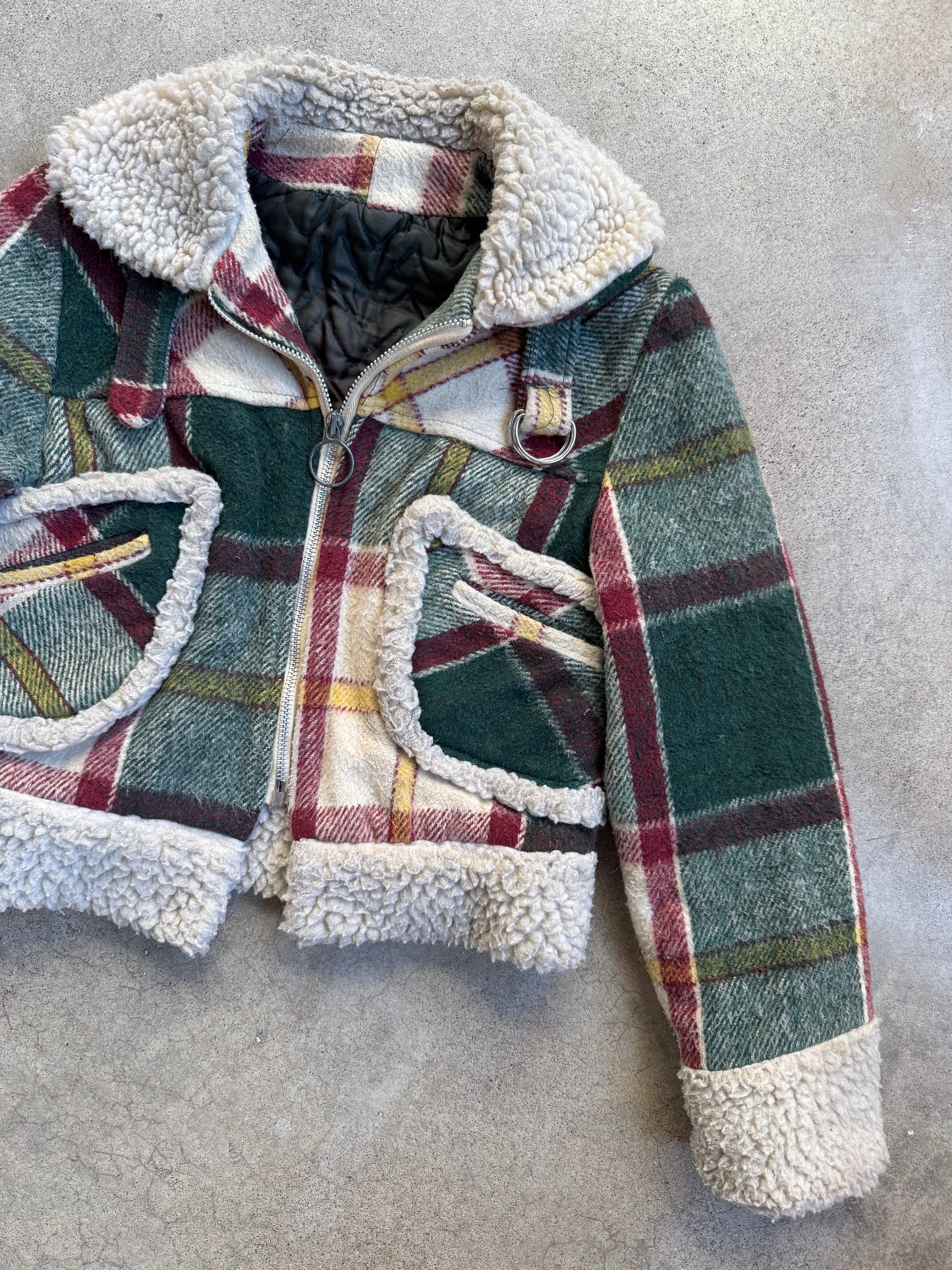 Vintage 1970s Green & Red Plaid Sherpa Lined Cropped Jacket | XS