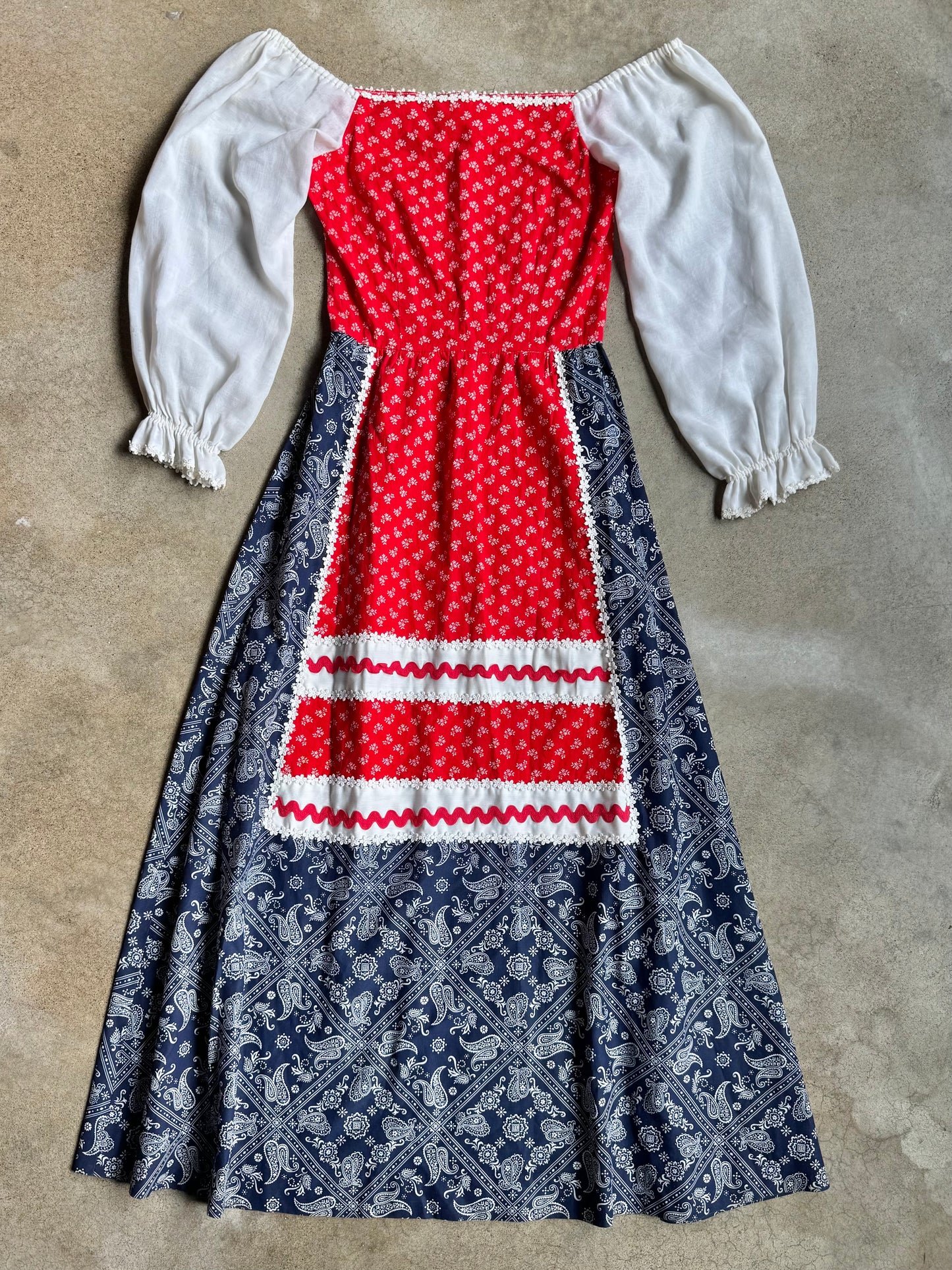 Vintage 1970s Herman Marcus Red & Blue Bandana Floral Prairie Dress | Small