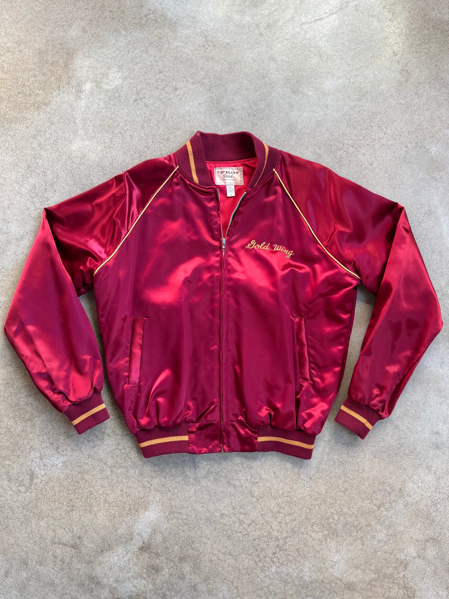 Vintage 1970s Burgundy "Gold Wing" Racing Satin Bomber Jacket | Large
