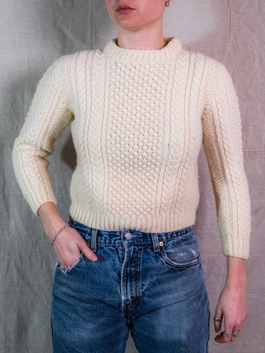 Vintage 1960s Handmade Cream Wool Irish Aran Knit Sweater | Youth L