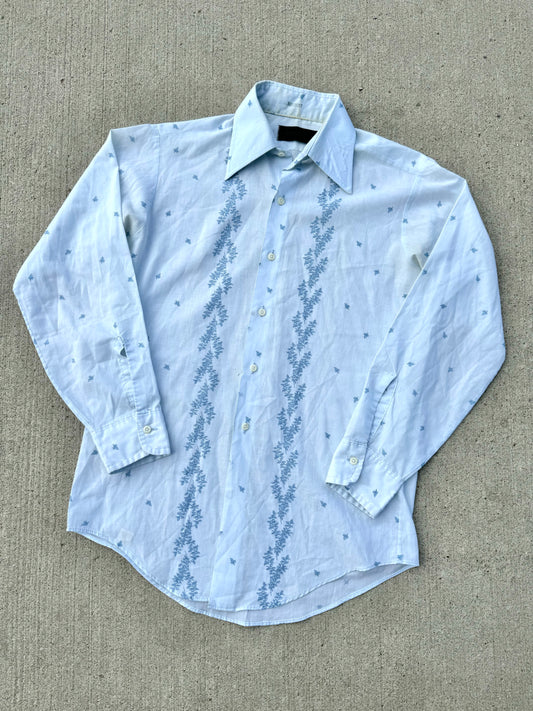 Vintage 1970s Van Heusen Pale Blue Printed Dress Shirt | M/L