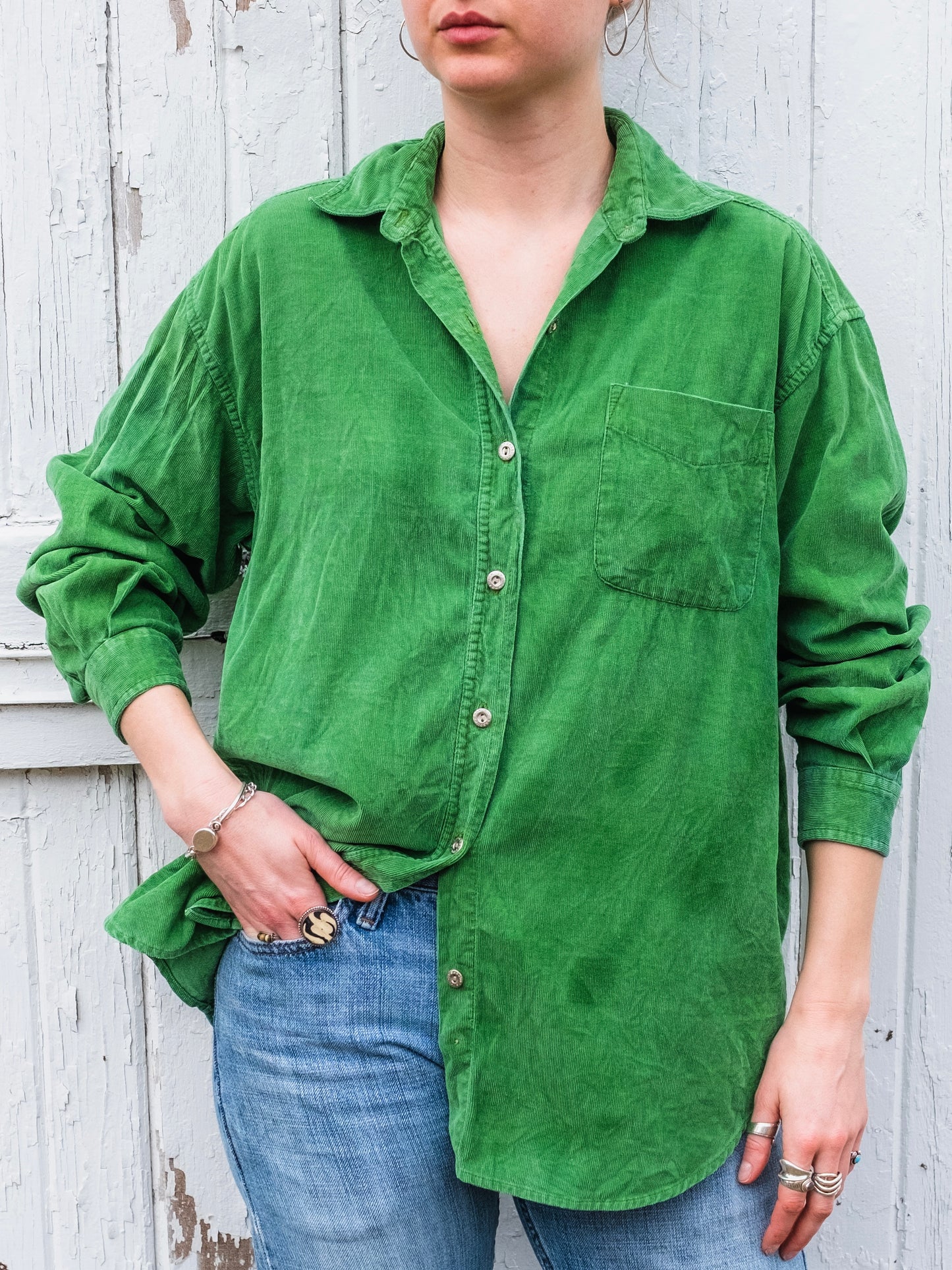 Vintage 1970s Sasson Green Button-Up Corduroy Shirt | Large