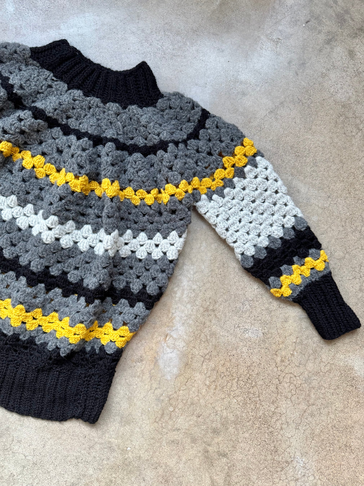 Vintage Handmade Grey & Yellow Crochet Mock Neck Sweater | S/M