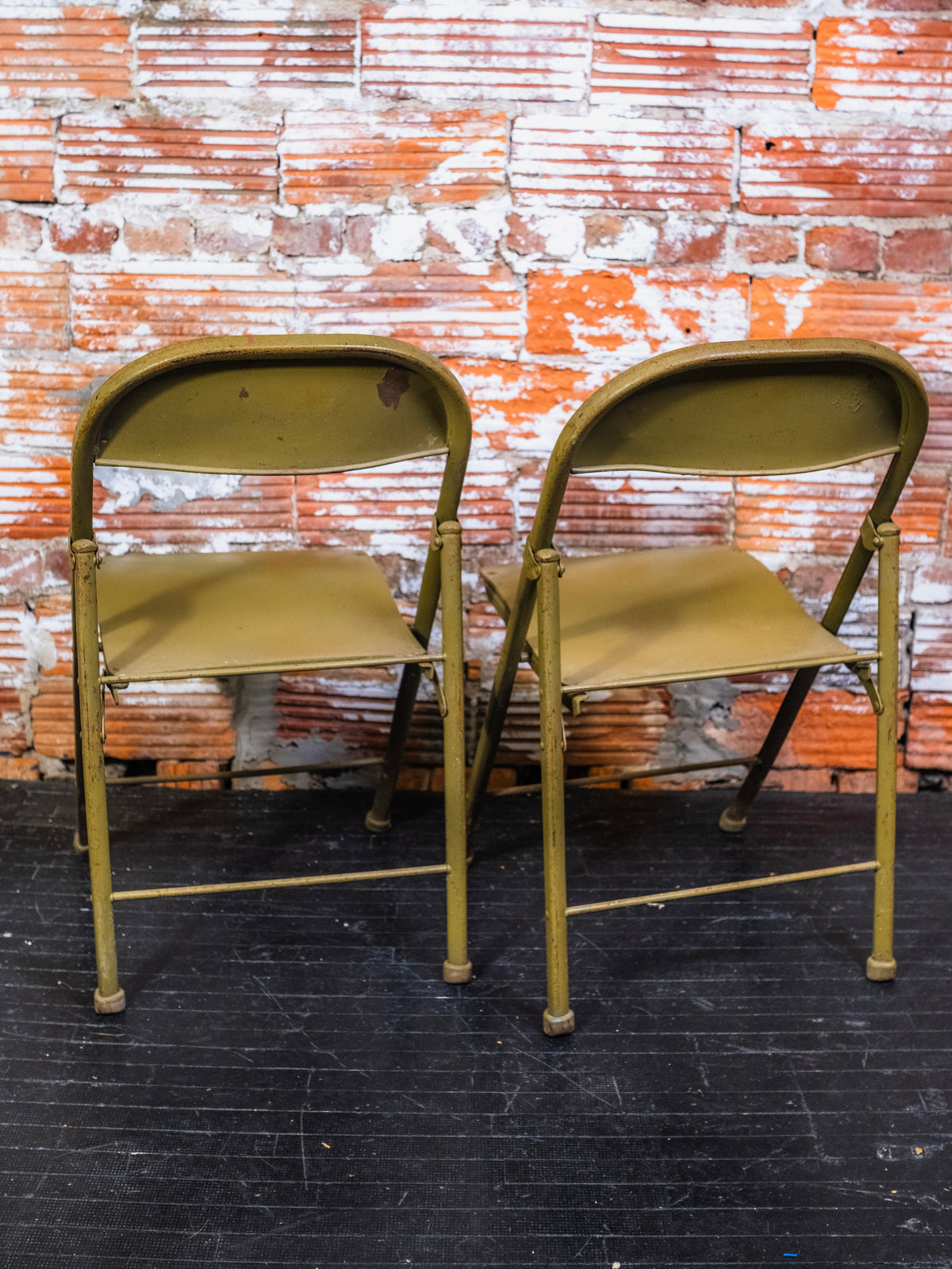 Vintage Green Metal & Wood Seat Folding Chairs | Set of 2