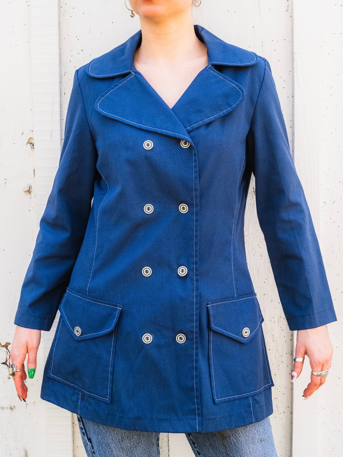 Vintage 1960s Navy Blue Double-Breasted Short Trench Coat | Medium