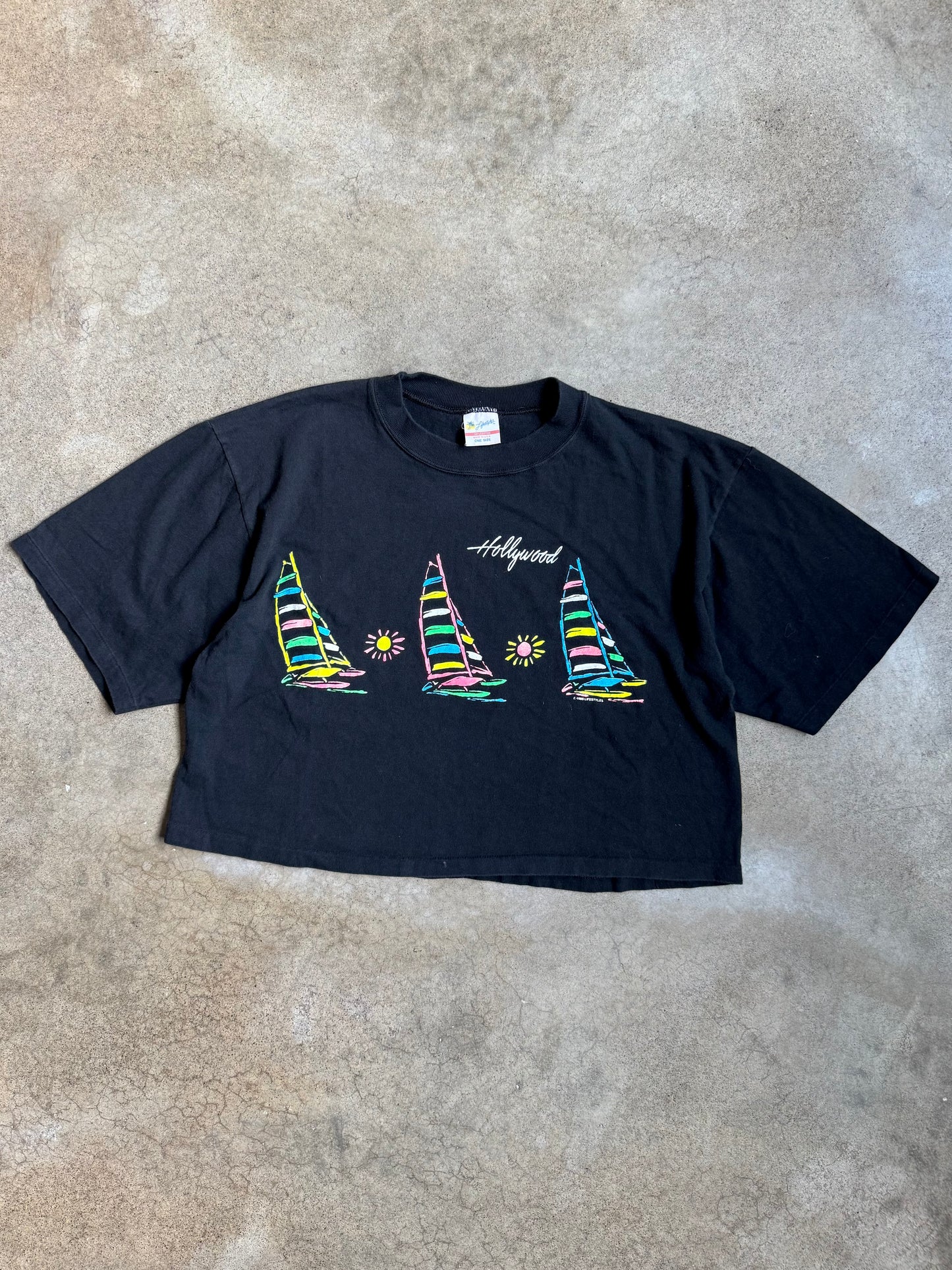 Vintage 1980s Lifestyles Hollywood Sailboat Cropped Graphic Tee | One Size