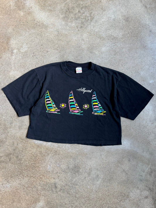 Vintage 1980s Lifestyles Hollywood Sailboat Cropped Graphic Tee | One Size